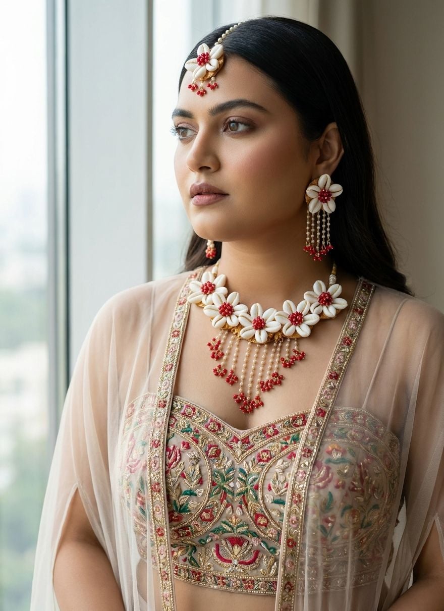 Golden Glitter: Pink Pearl & Cowrie Shell Floral Designer Jewelry Set for Brides