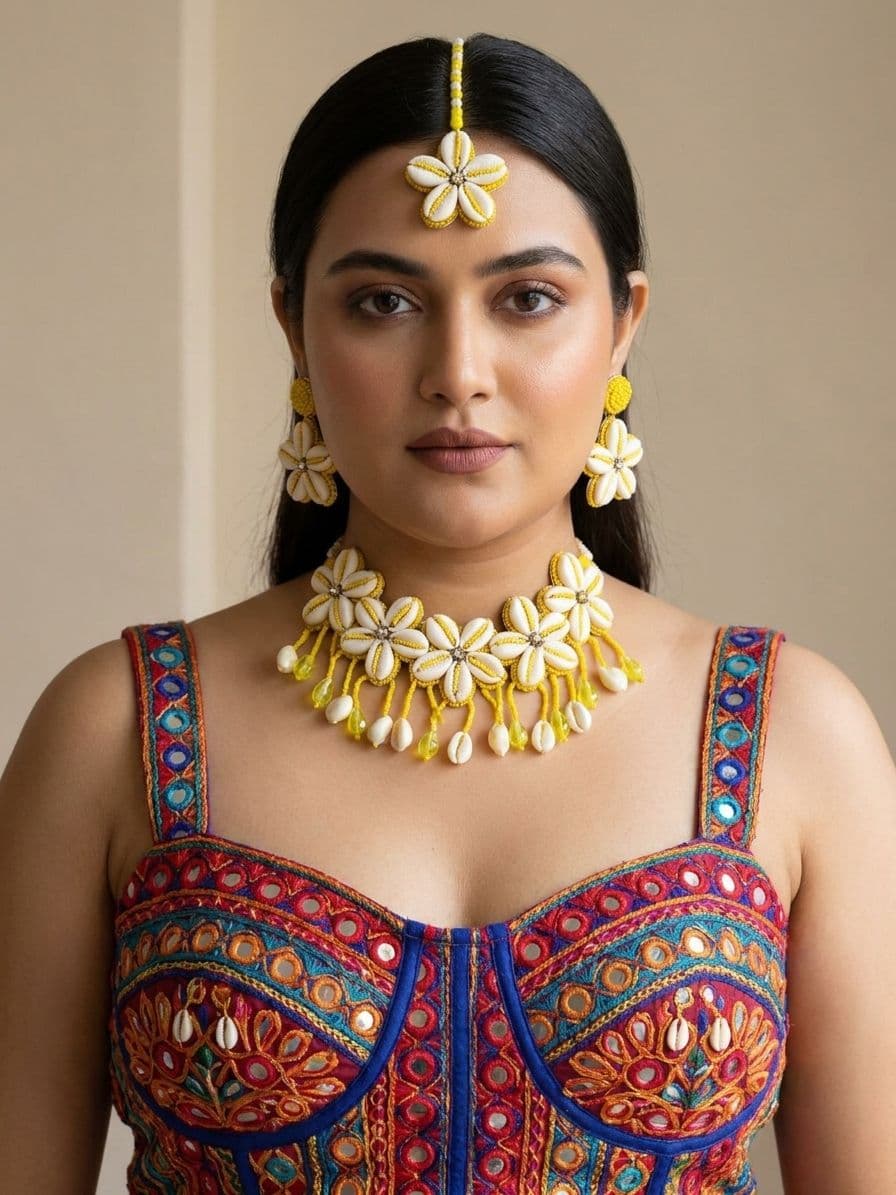 Yellow Beaded Cowrie Haldi Mehndi Jewellery Set for Bride