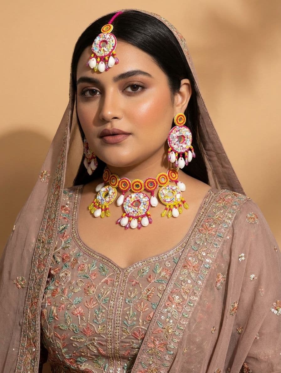 Handcrafted Pink-Yellow Pearl Jewellery Set for Haldi Bridal