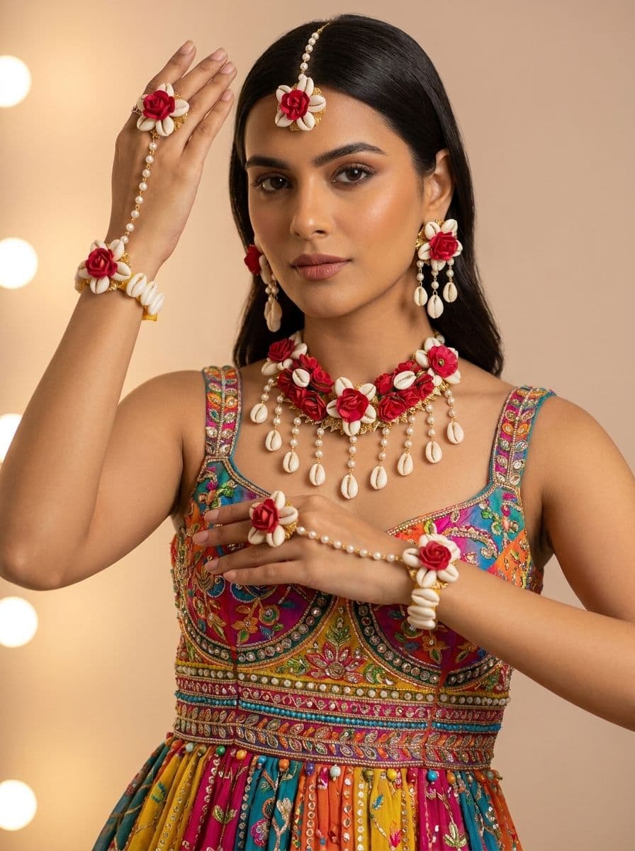 Ethnic Floral Set: Handmade Bridal Jewelry for Haldi Mehendi