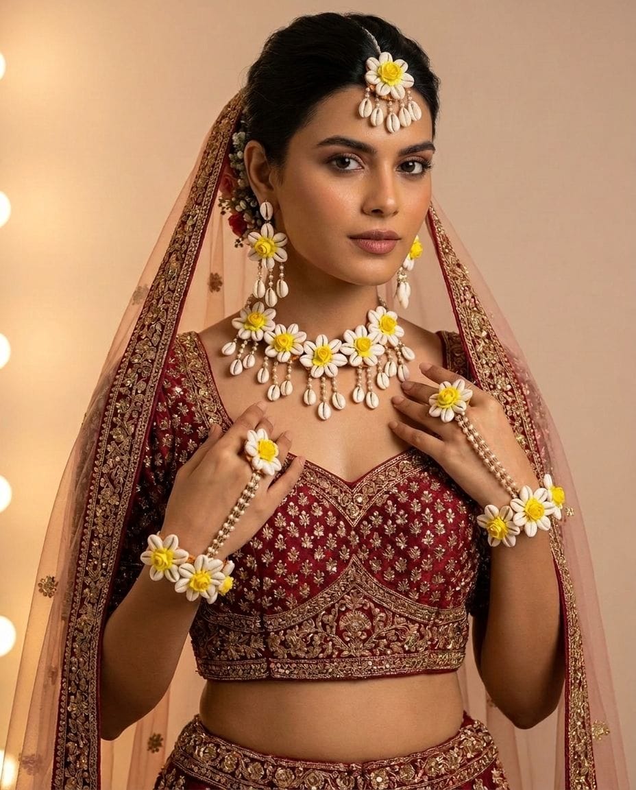 Beaded Flower Bliss: Multicolor Haldi Bridal Jewellery Set