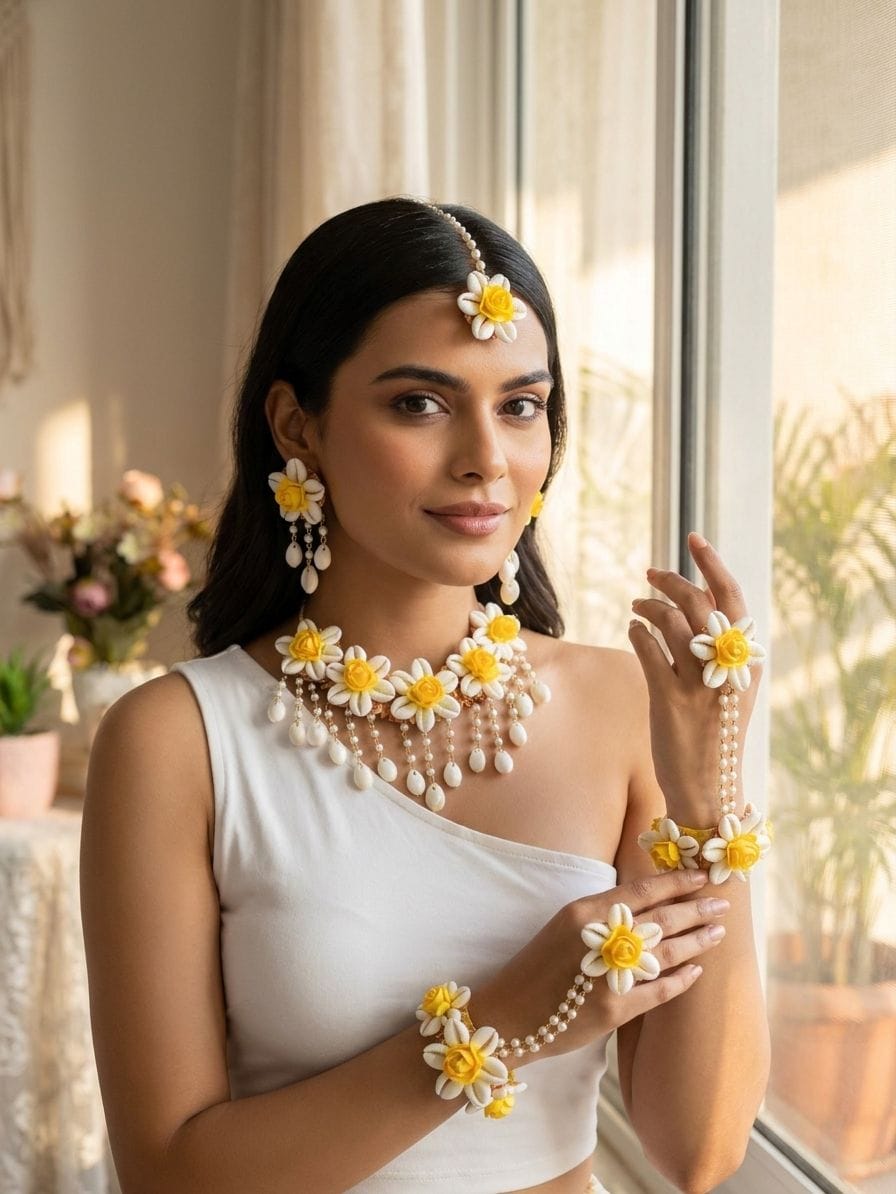 Blooming Elegance - Flower Beaded Haldi Wedding Jewelry Set for Bride