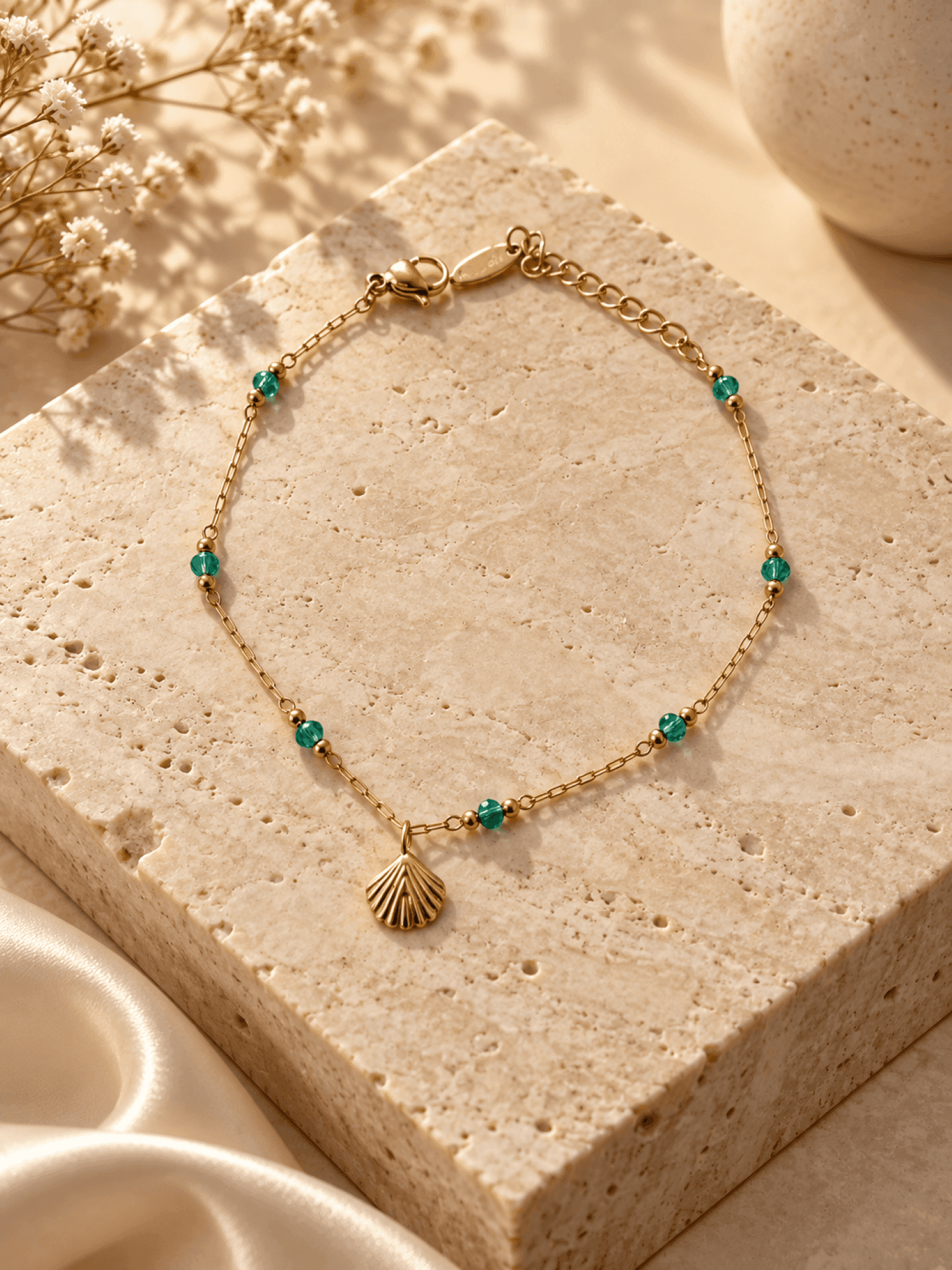 Green Beaded Shell Charm Anti Tarnish Gold Bracelet