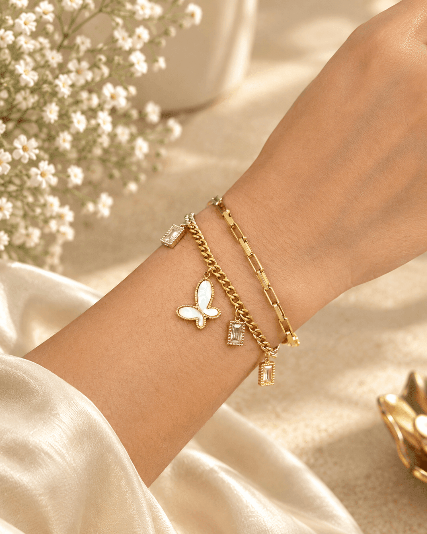 Gold Butterfly Charm Bracelet for Women, Anti-Tarnish Stainless Steel