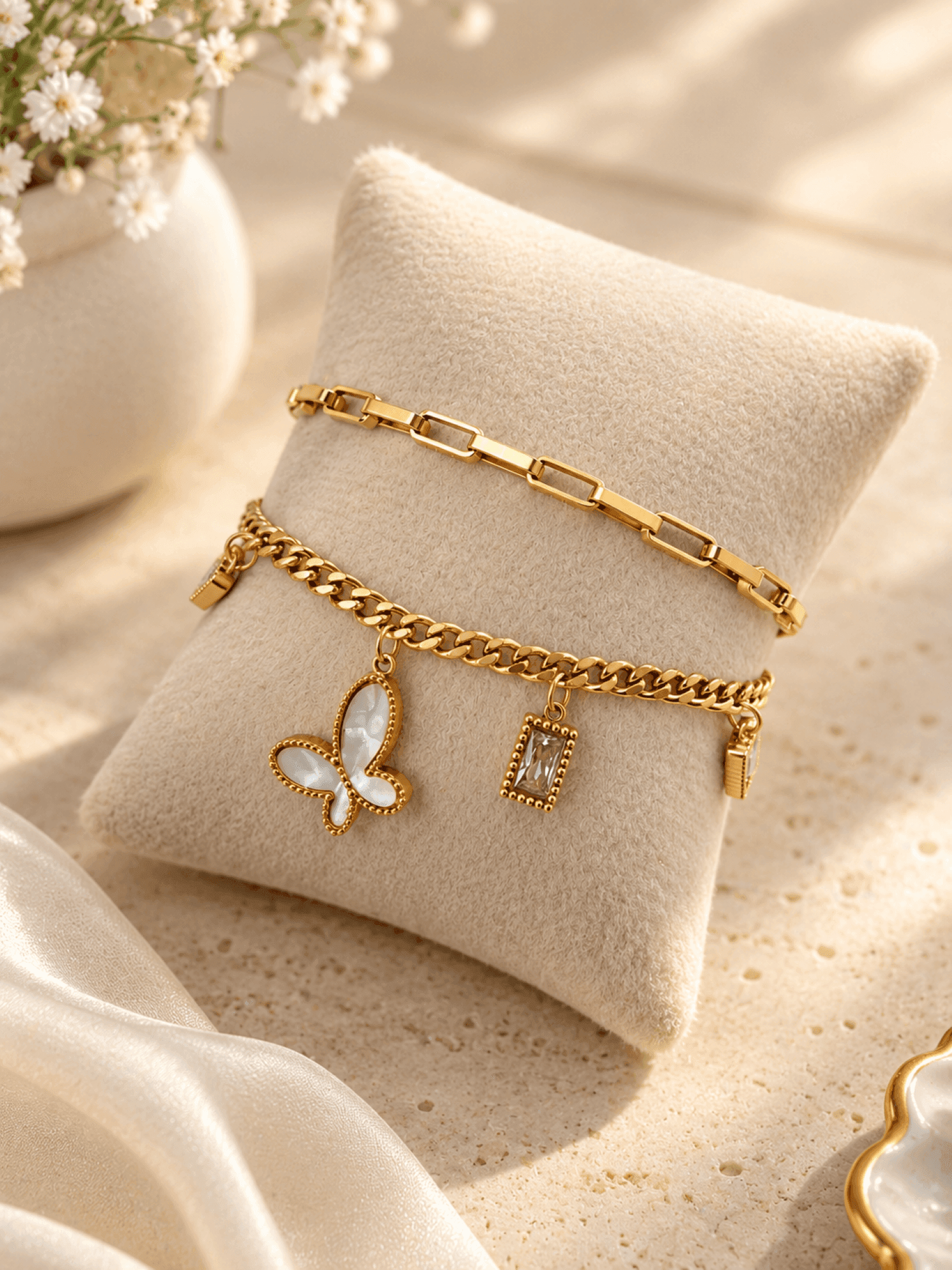 Gold Butterfly Charm Bracelet for Women, Anti-Tarnish Stainless Steel