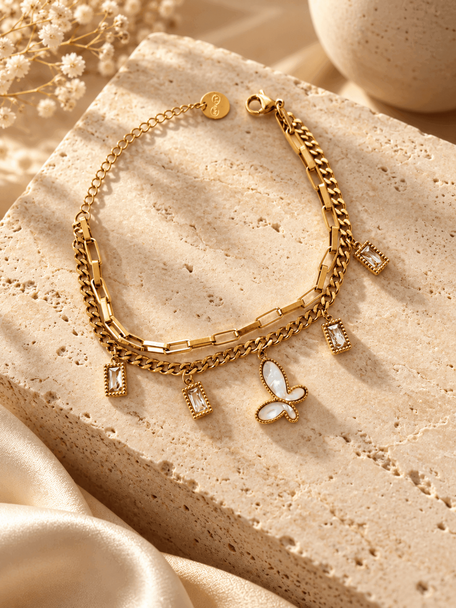 Gold Butterfly Charm Bracelet for Women, Anti-Tarnish Stainless Steel