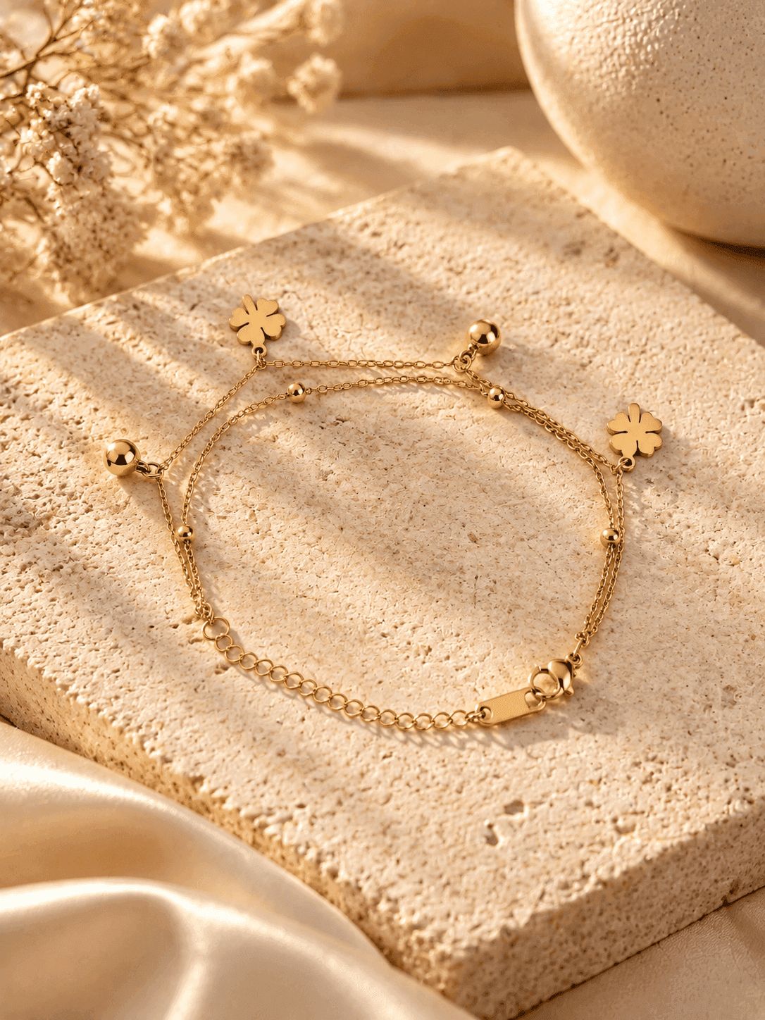 Gold Adjustable Clover Flower Bracelet for Women Minimalist
