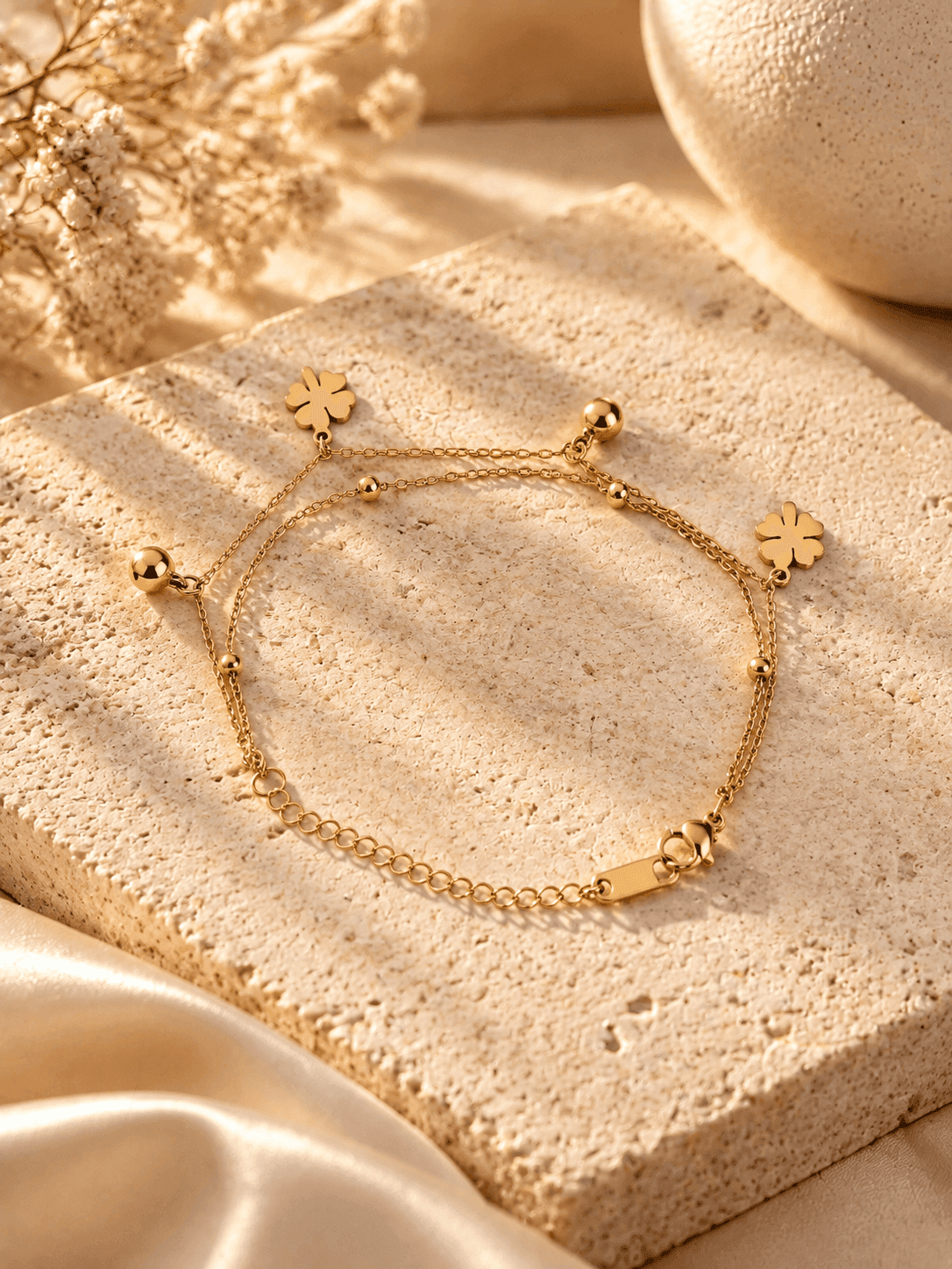 Gold Adjustable Clover Flower Bracelet for Women Minimalist