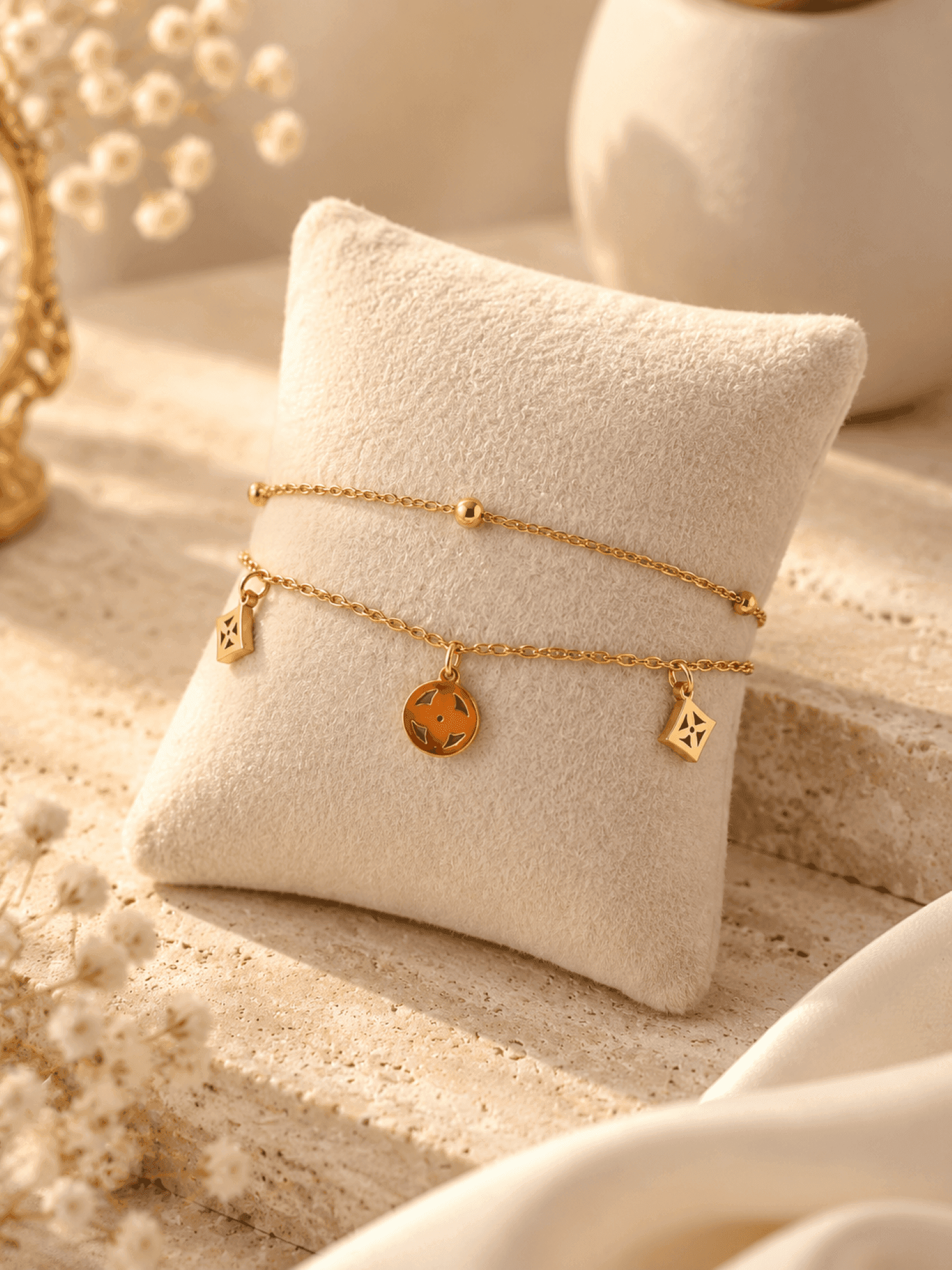 Gold Plated Stainless Steel Flower Charm Adjustable Bracelet