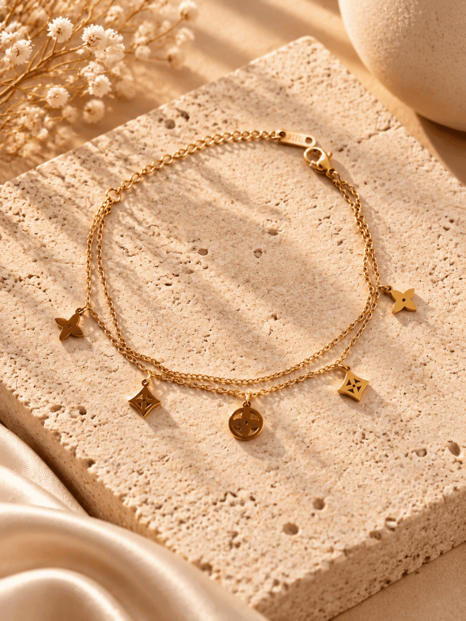 Gold Plated Stainless Steel Flower Charm Adjustable Bracelet