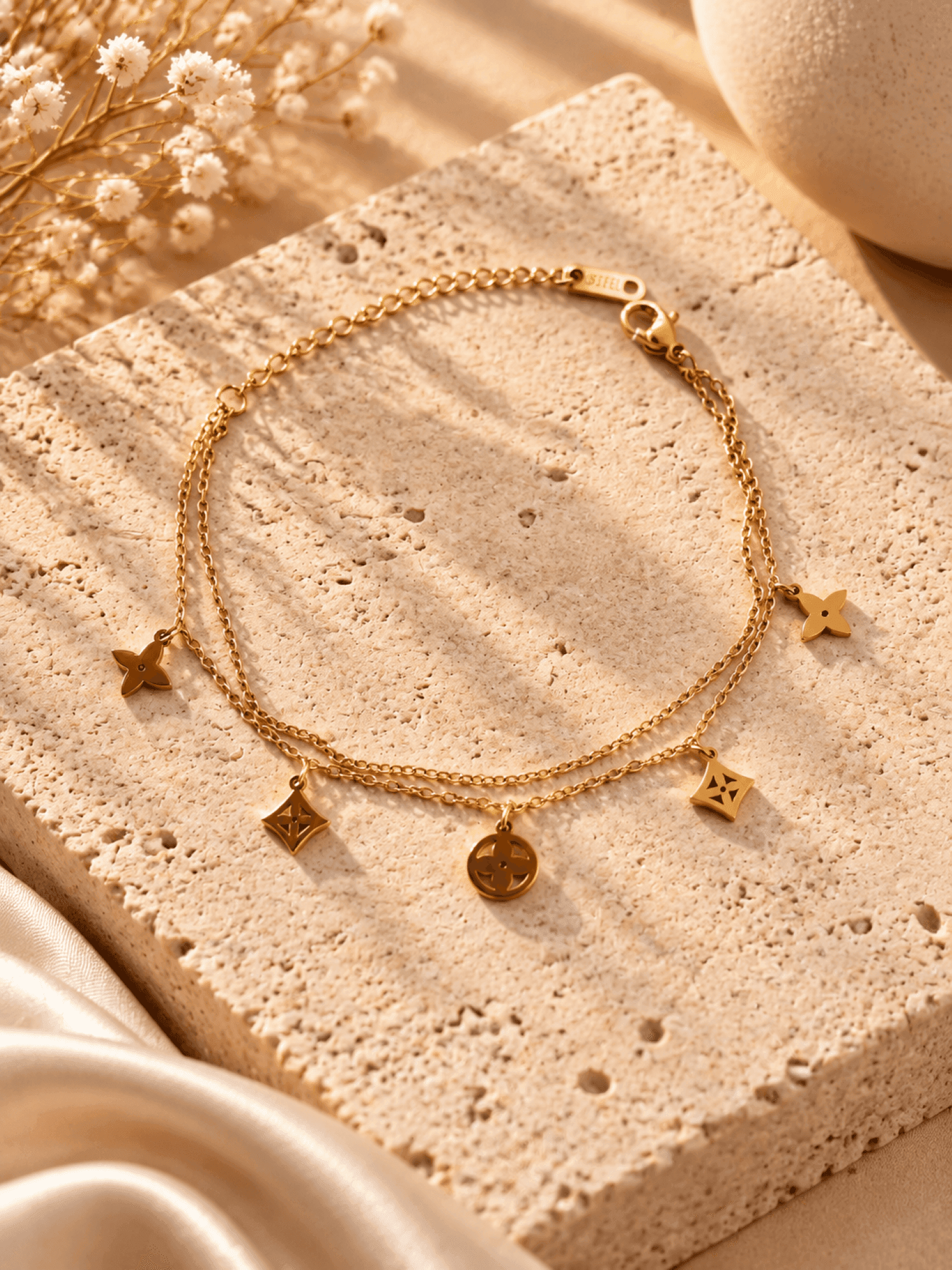 Gold Plated Stainless Steel Flower Charm Adjustable Bracelet