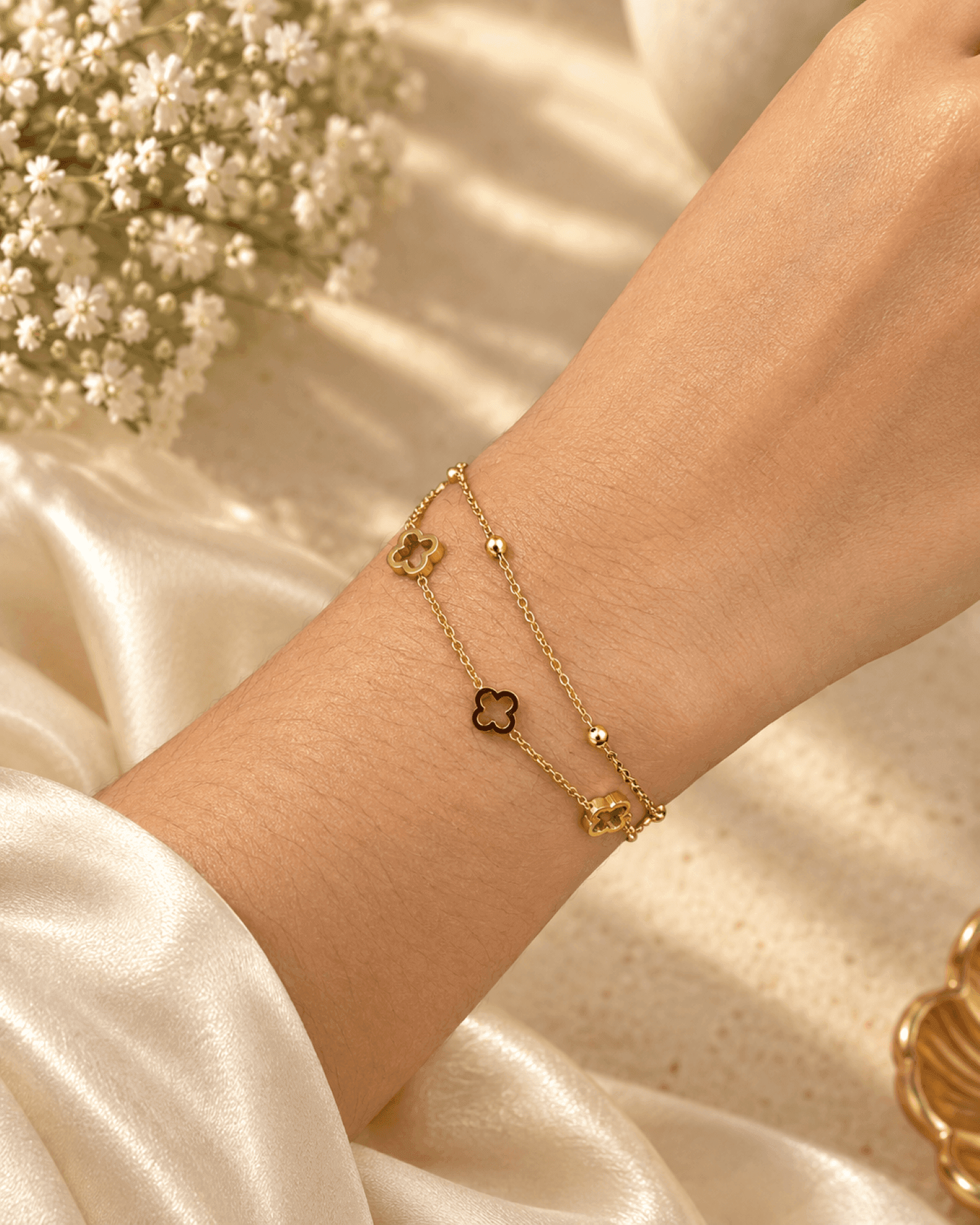 Double Layer Anti Tarnish Gold Clover Charm Bracelet