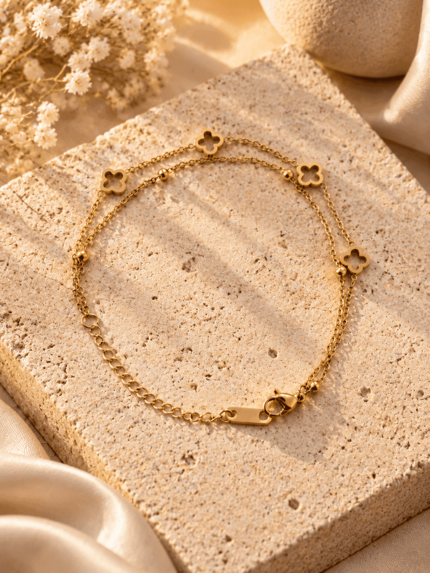 Double Layer Anti Tarnish Gold Clover Charm Bracelet
