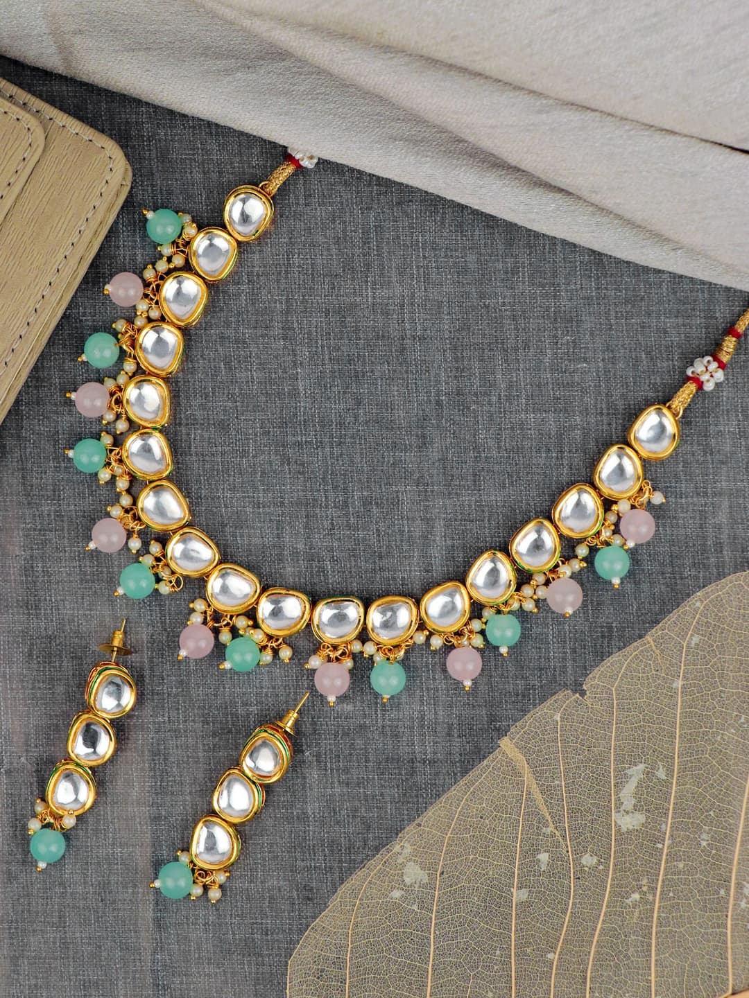 Beautiful Pink & Sea Green Alloy Gold Polished Women Jewellery Set