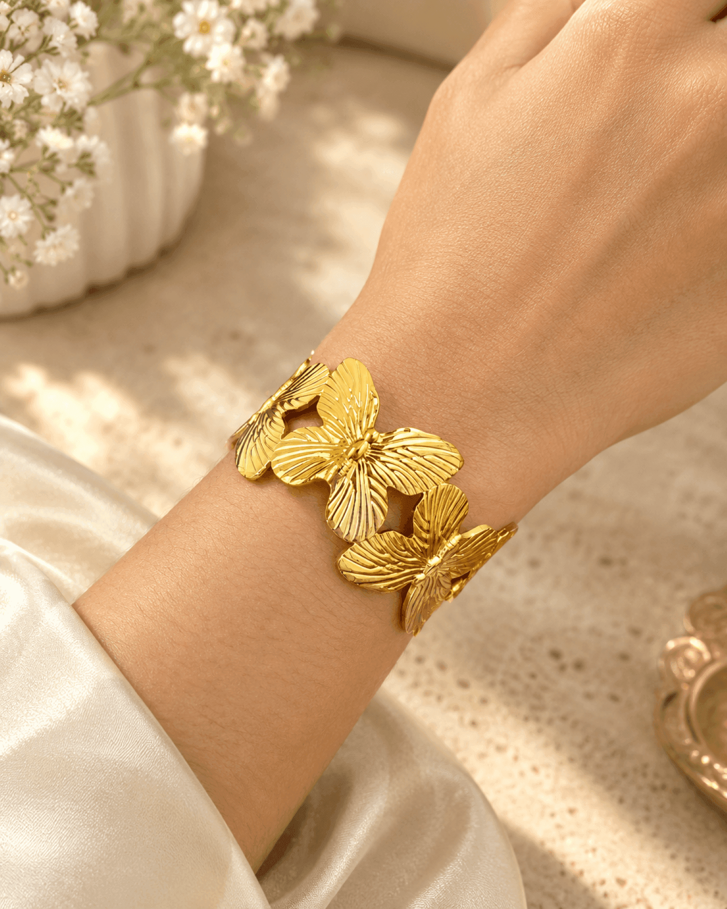 Gold Butterfly Open Cuff Bangle for Women, Adjustable