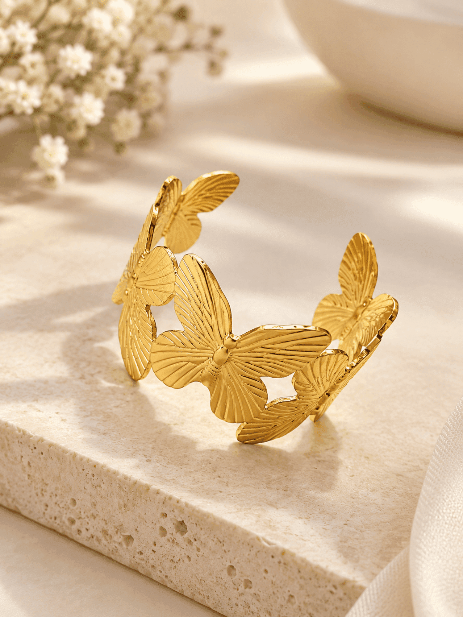 Gold Butterfly Open Cuff Bangle for Women, Adjustable