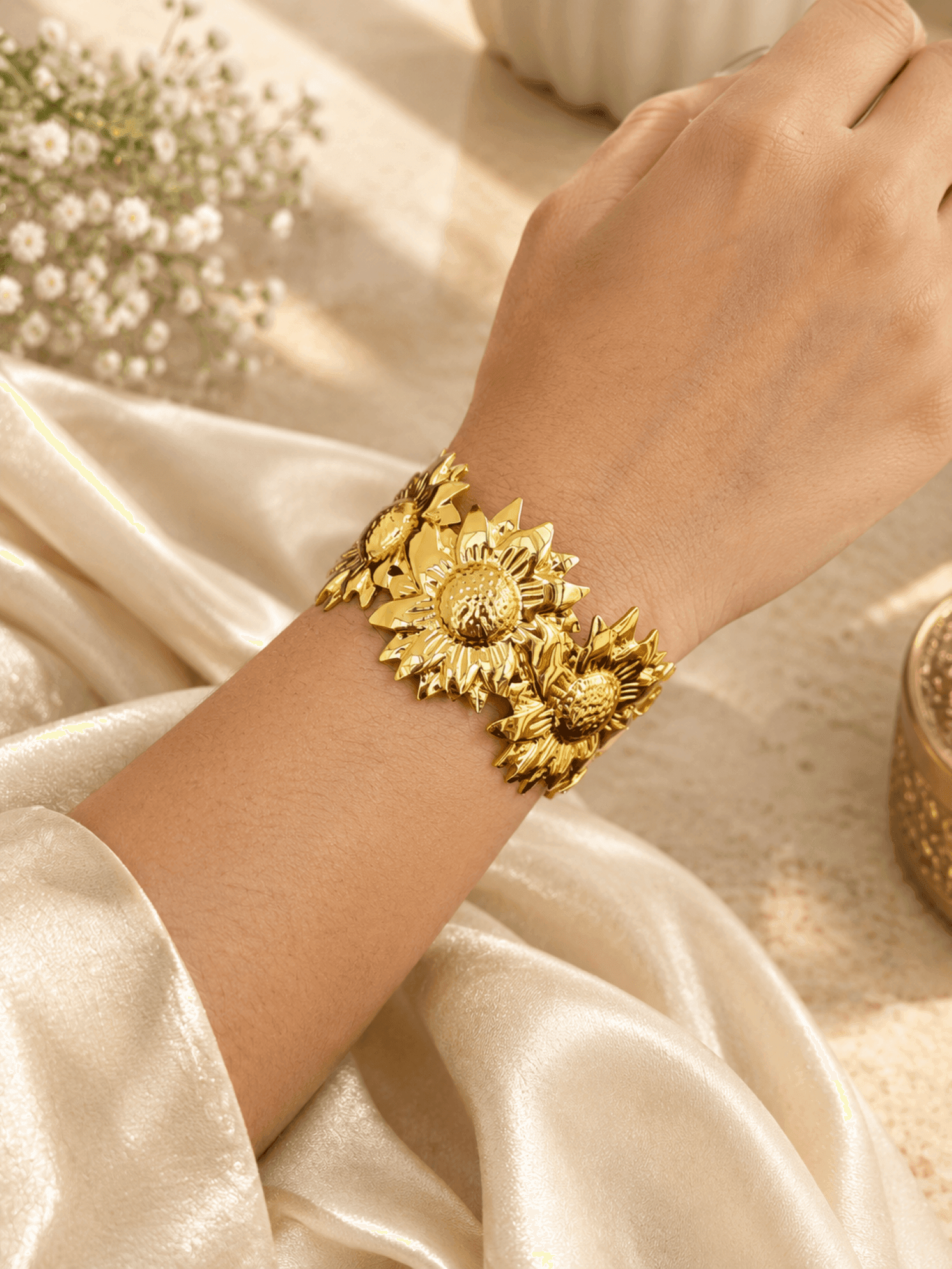 Gold Floral Open Cuff Bangle for Women, Anti Tarnish Jewelry