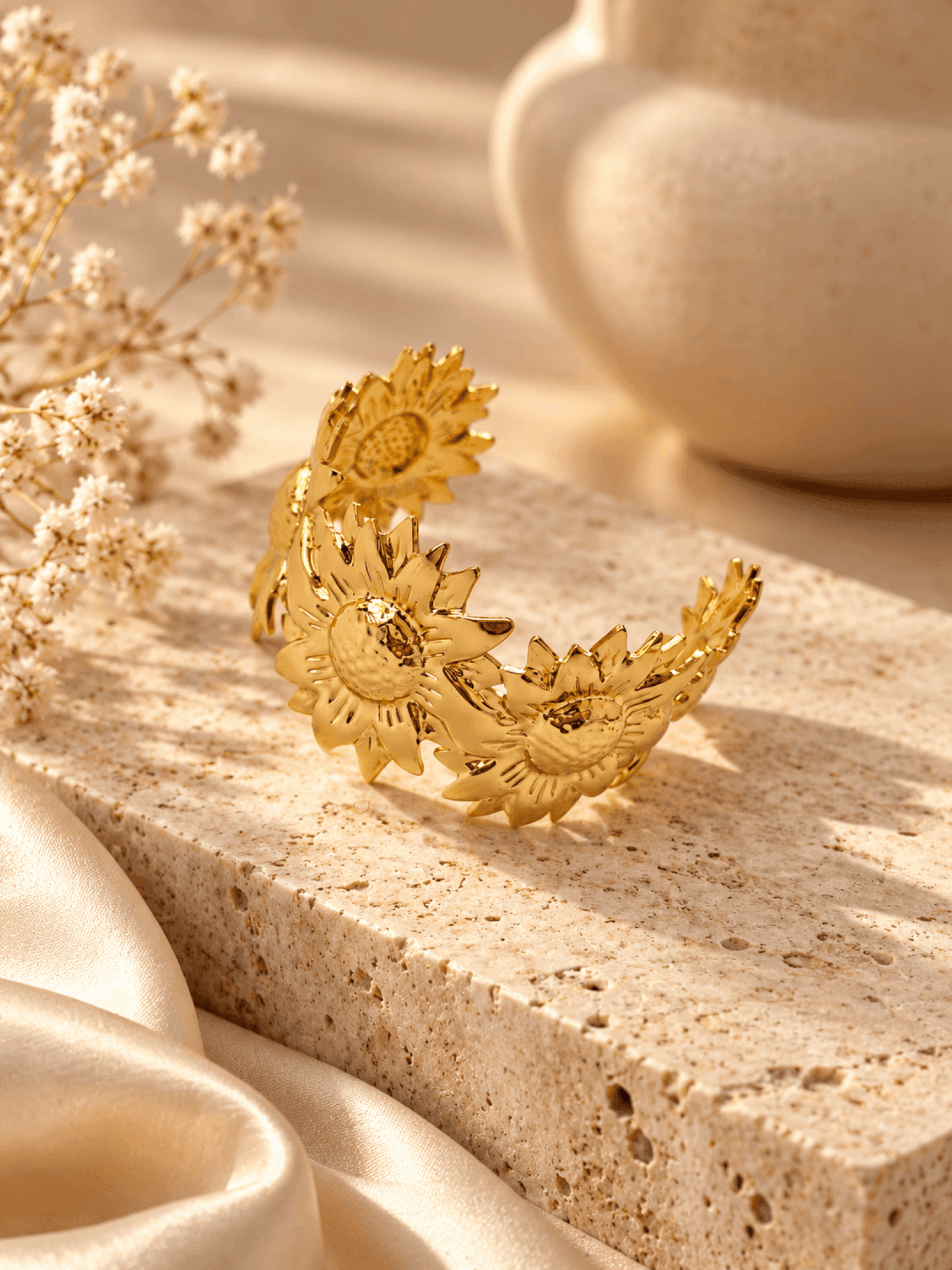 Gold Floral Open Cuff Bangle for Women, Anti Tarnish Jewelry