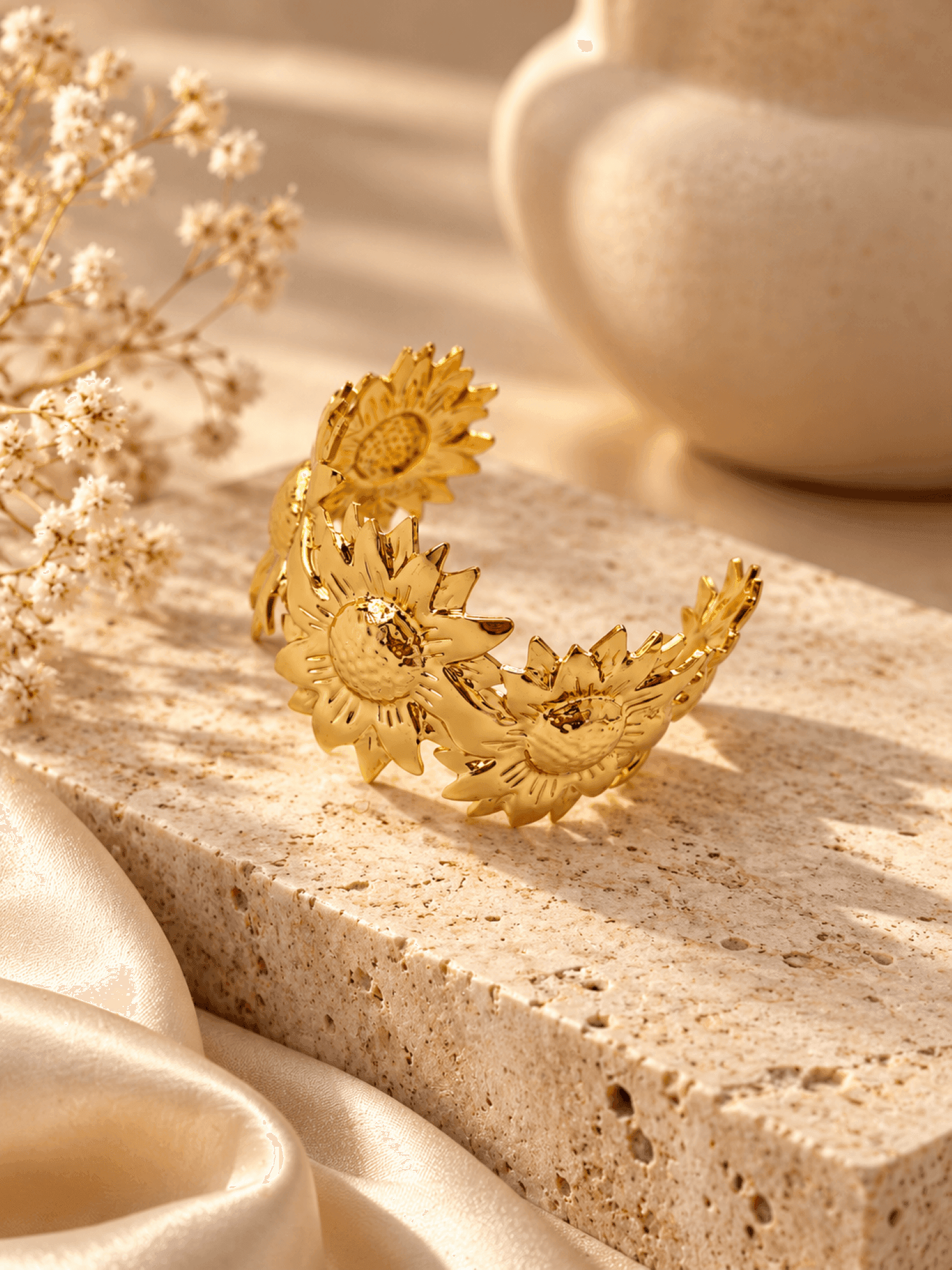 Gold Floral Open Cuff Bangle for Women, Anti Tarnish Jewelry