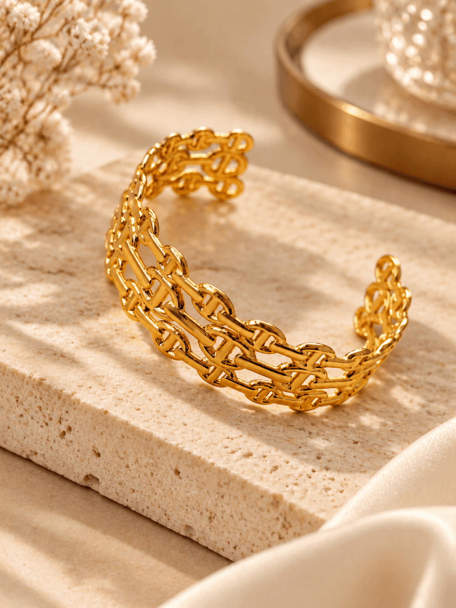 Minimalist Gold Floral Open Cuff Bangle for Women Adjustable