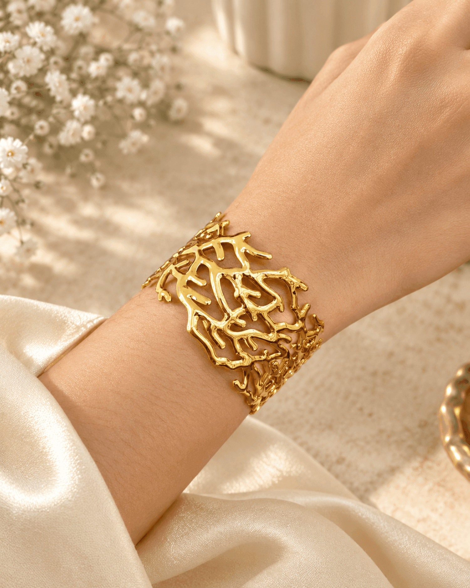 Gold Floral Open Cuff Bangle for Women, Adjustable Minimalist