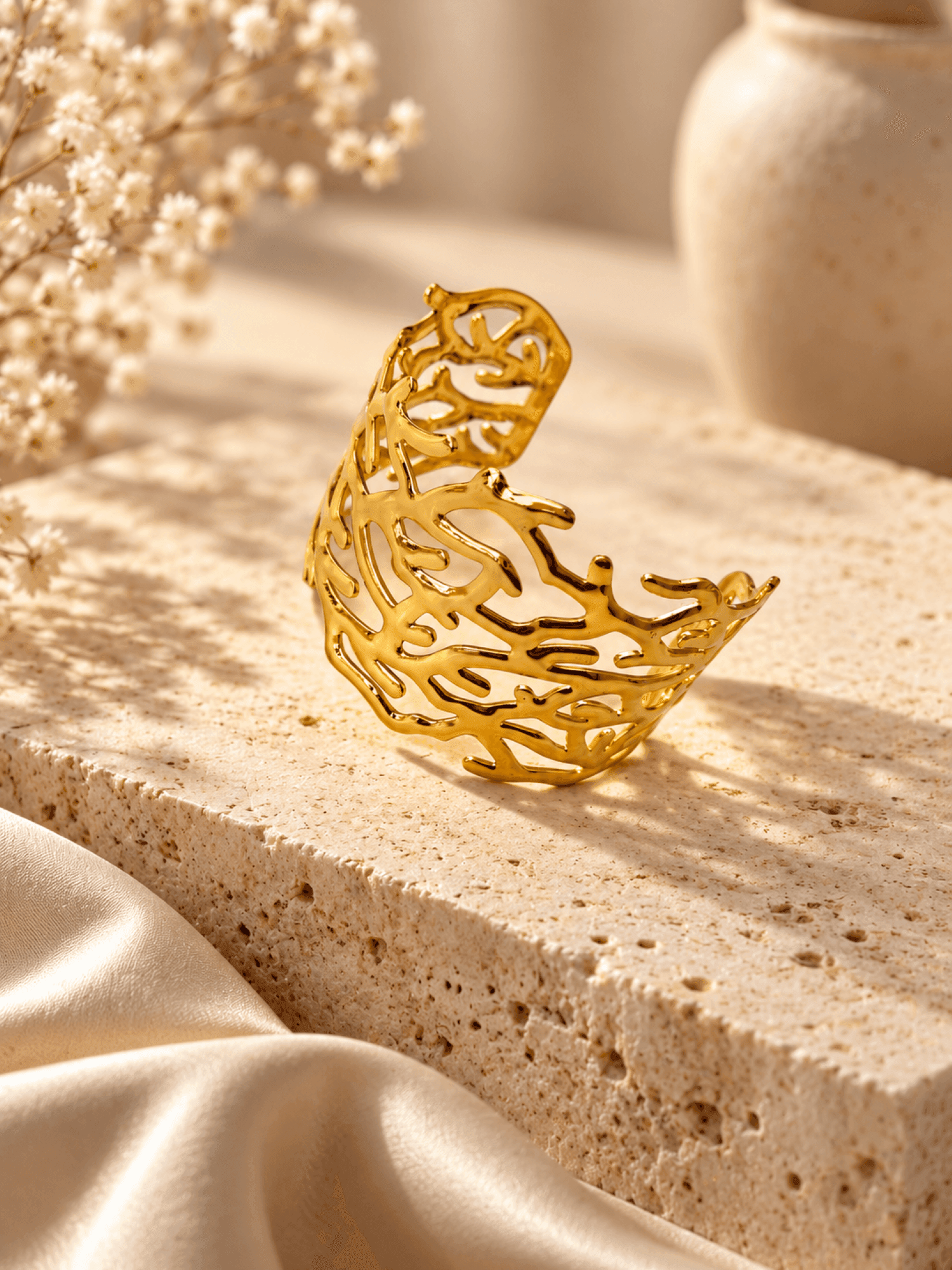 Gold Floral Open Cuff Bangle for Women, Adjustable Minimalist
