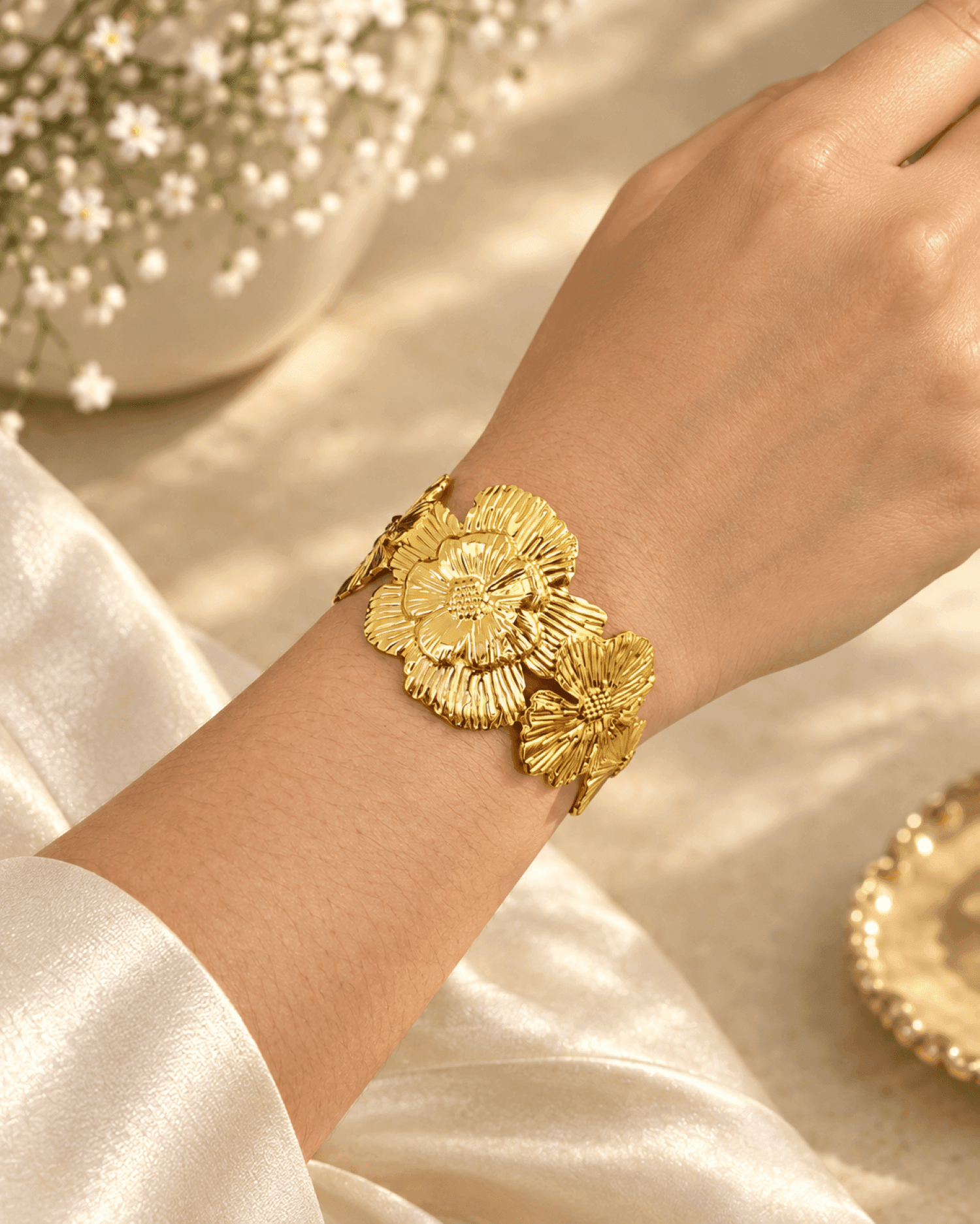 Anti Tarnish Gold Floral Open Cuff Bangle for Women