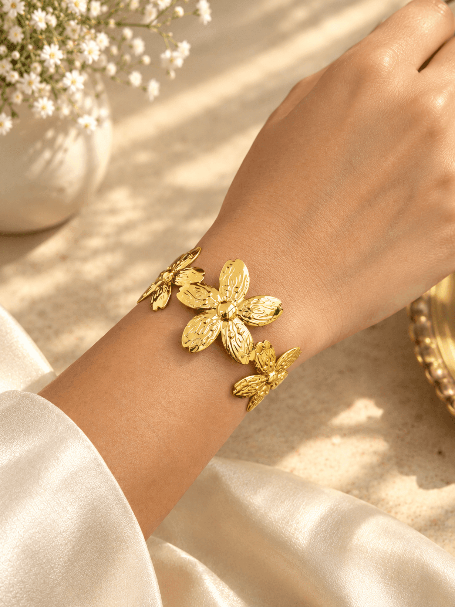 Gold Floral Open Cuff Bangle for Women, Anti Tarnish Adjustable