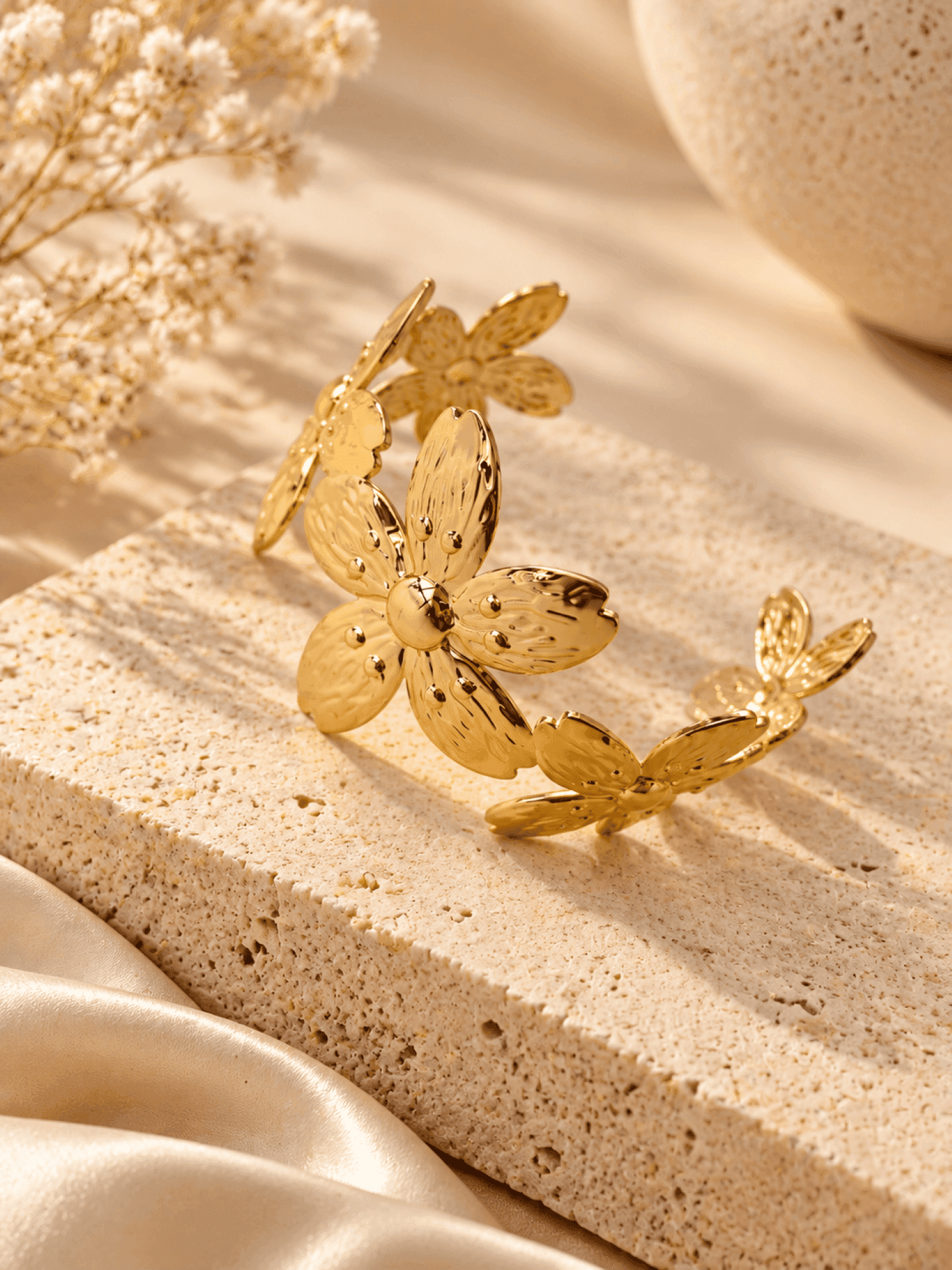 Gold Floral Open Cuff Bangle for Women, Anti Tarnish Adjustable