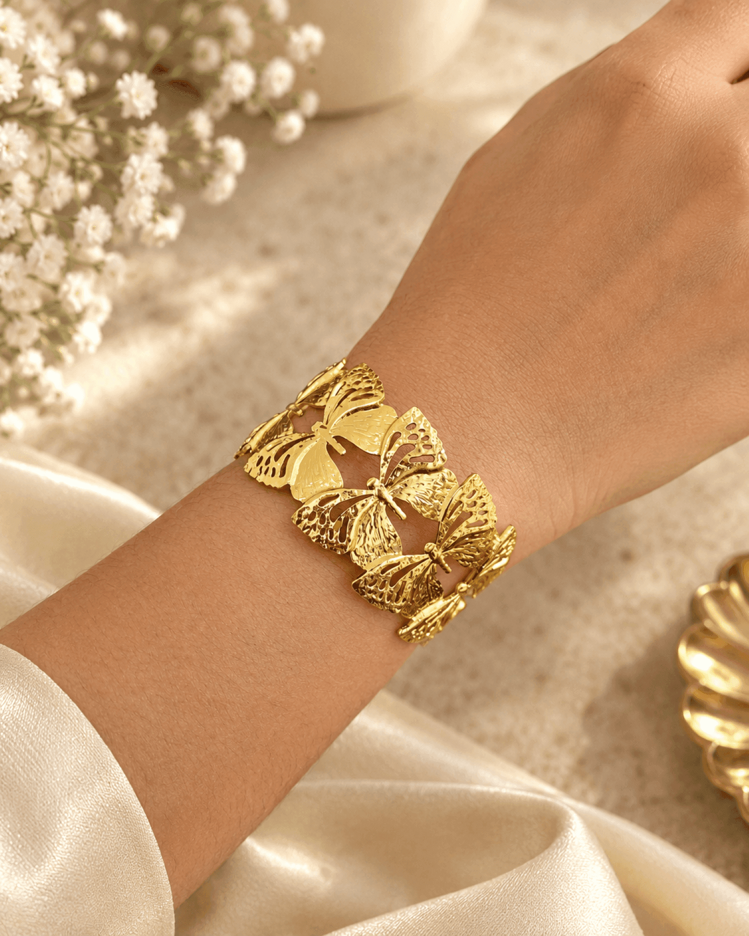 Anti Tarnish Gold Butterfly Open Cuff Bangle for Women