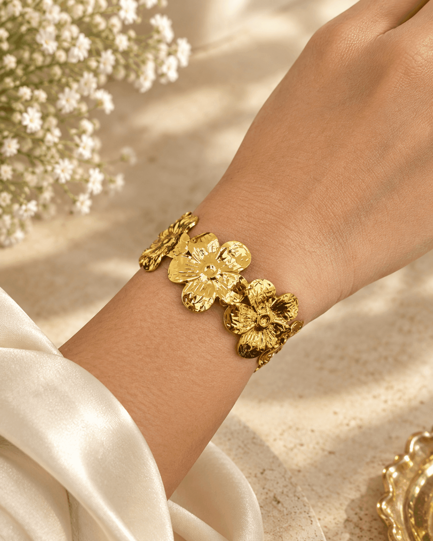 Anti Tarnish Gold Floral Open Cuff Bangle for Women