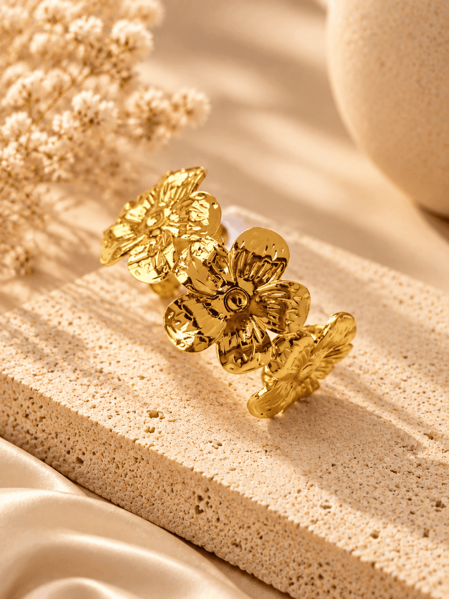 Anti Tarnish Gold Floral Open Cuff Bangle for Women