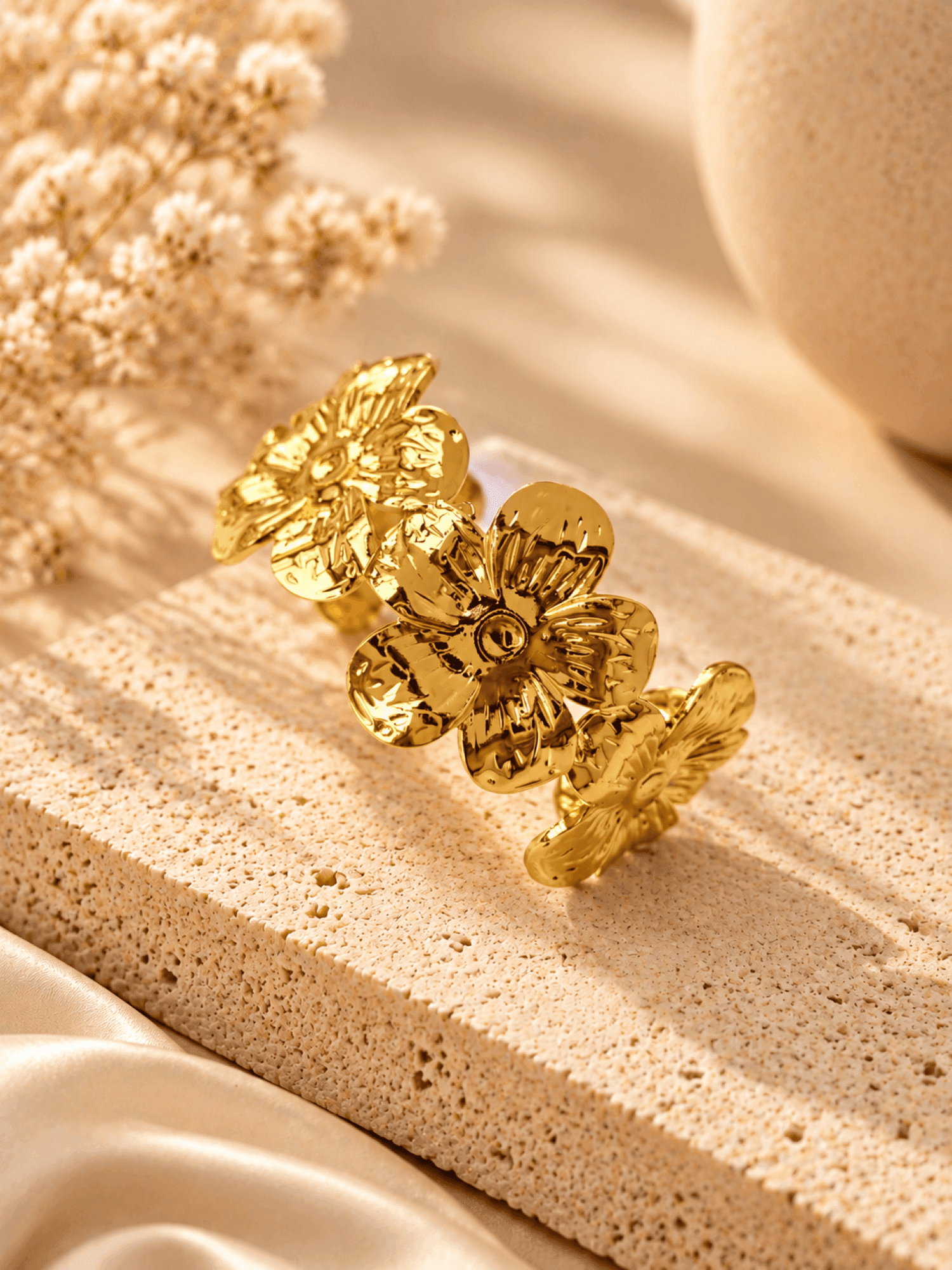Anti Tarnish Gold Floral Open Cuff Bangle for Women