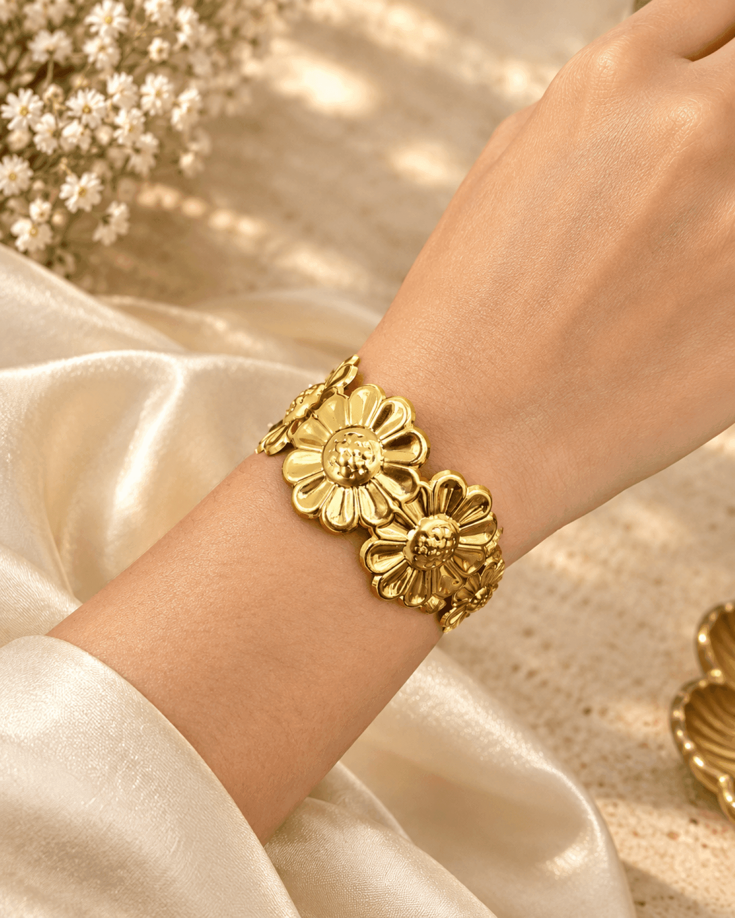 Anti Tarnish Gold Floral Open Cuff Bangle for Women