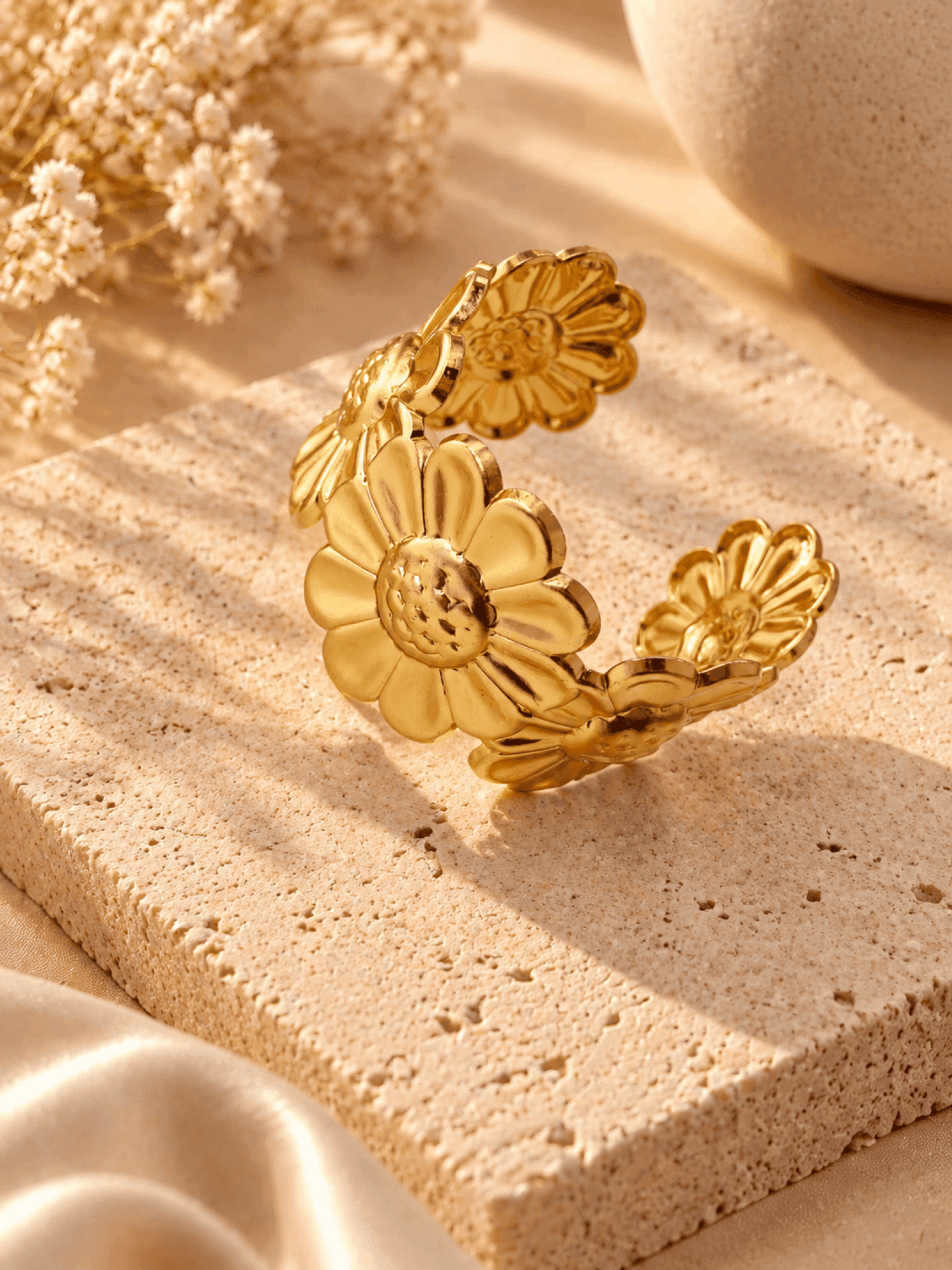 Anti Tarnish Gold Floral Open Cuff Bangle for Women