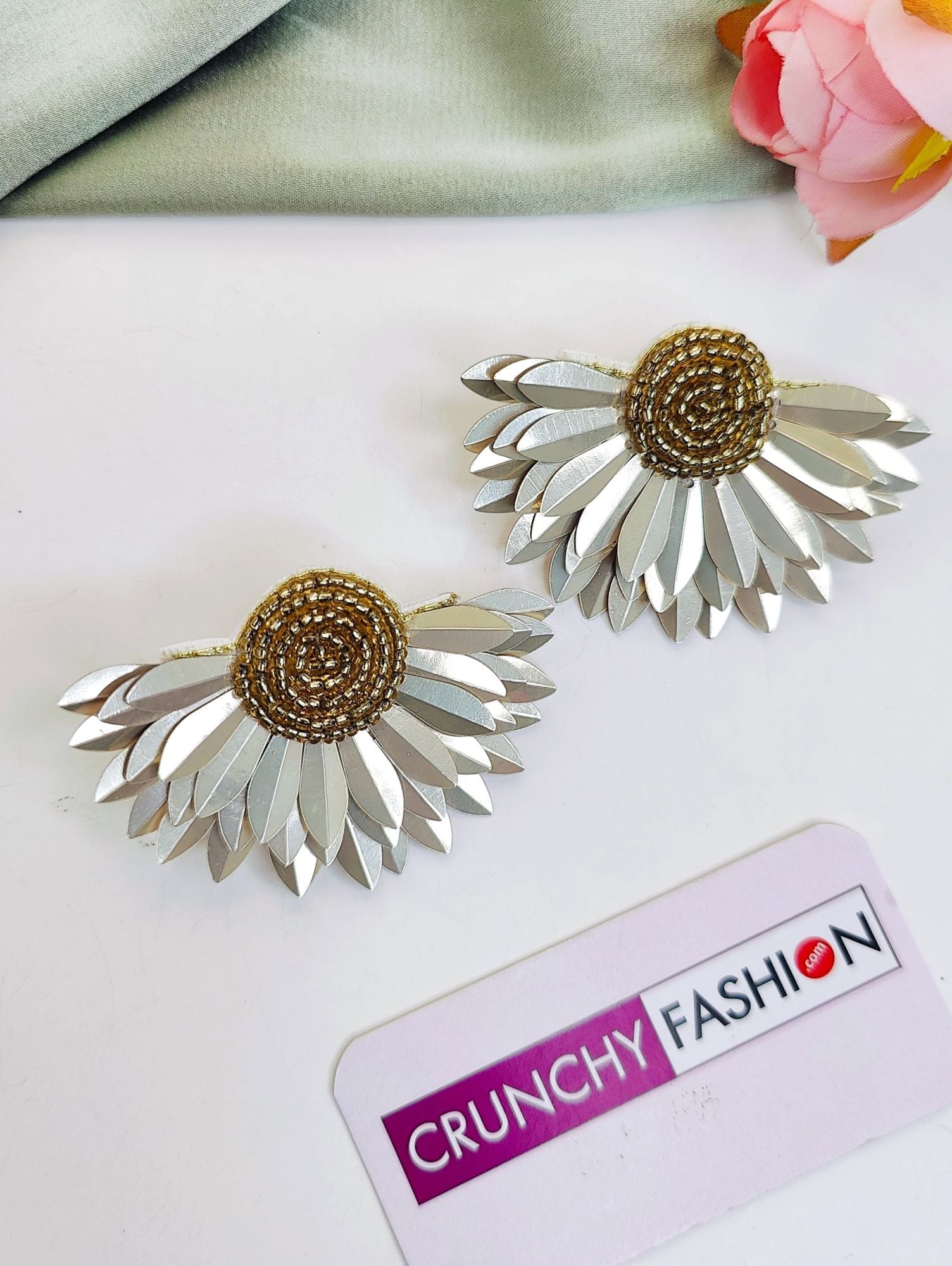 Beaded Handmade Metallic Half-Flower Bridal Earrings for Haldi Fest
