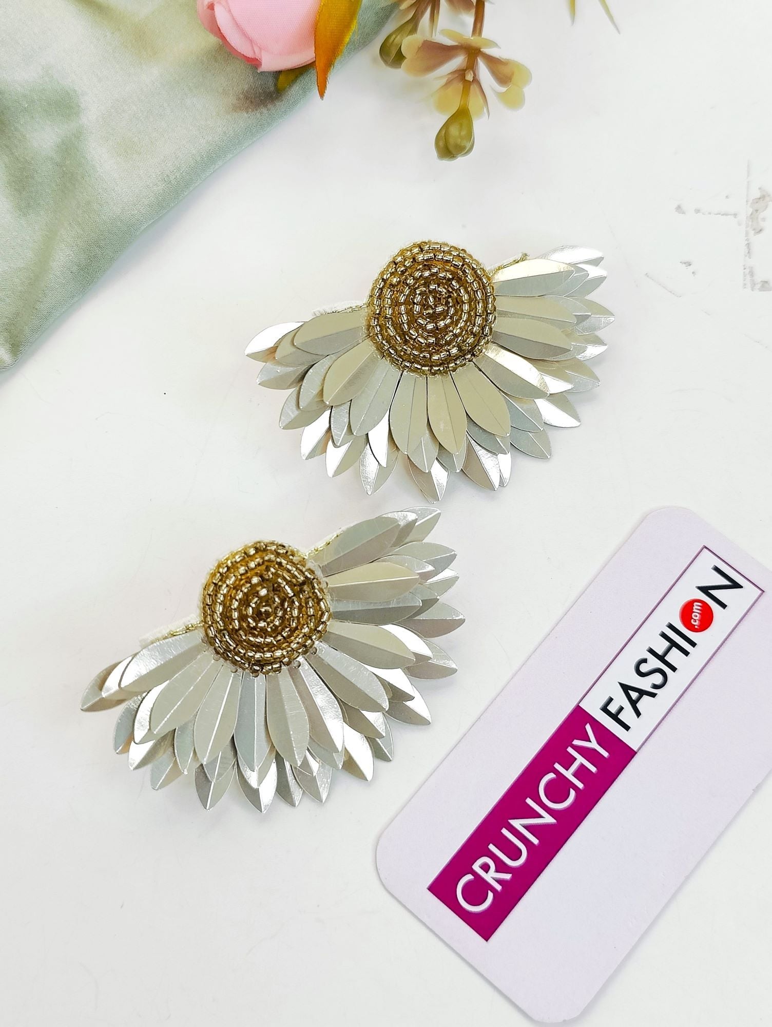 Beaded Handmade Metallic Half-Flower Bridal Earrings for Haldi Fest