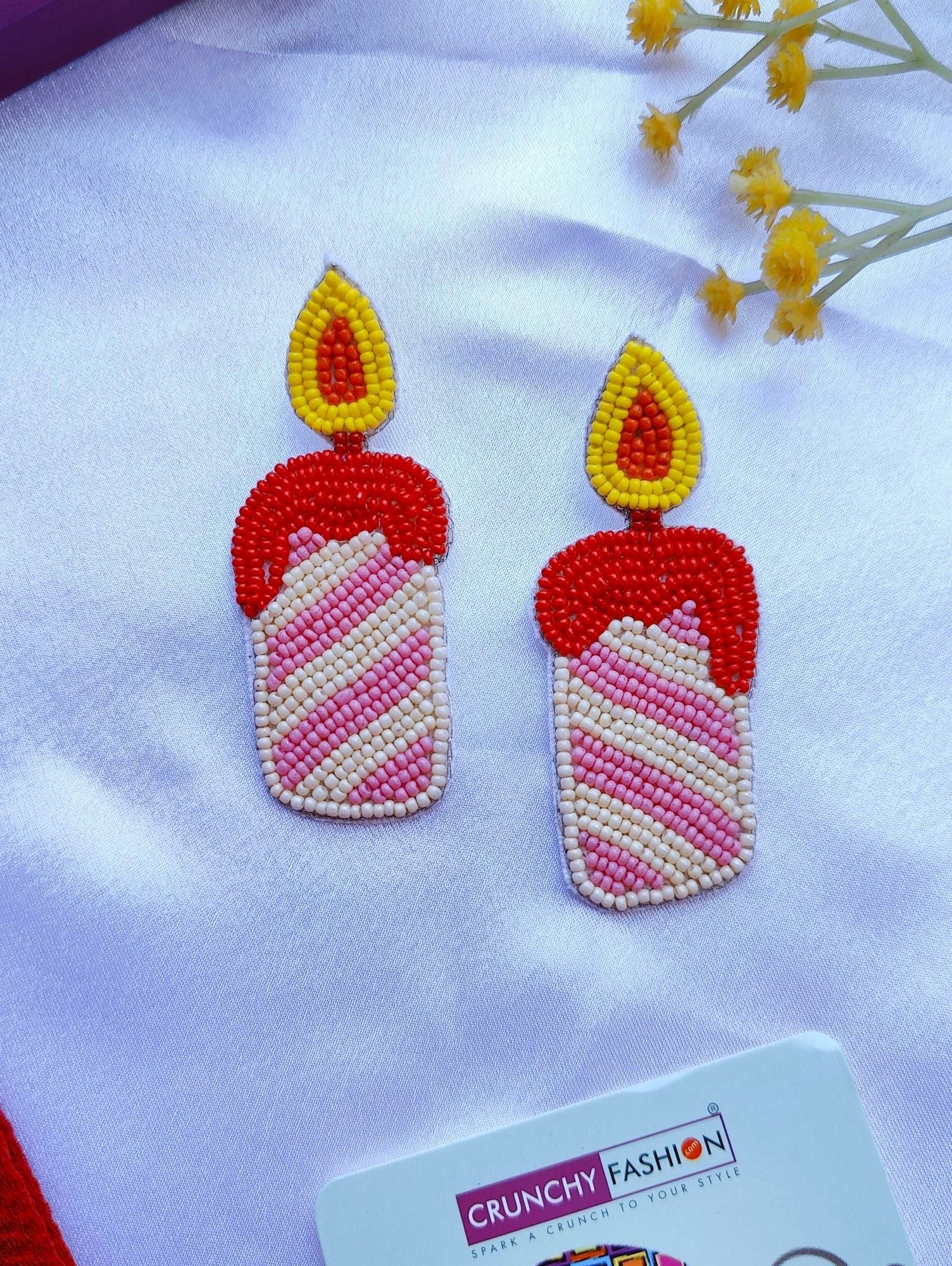 Candle shaped Handmade Multicolored Beaded Dangle Earrings