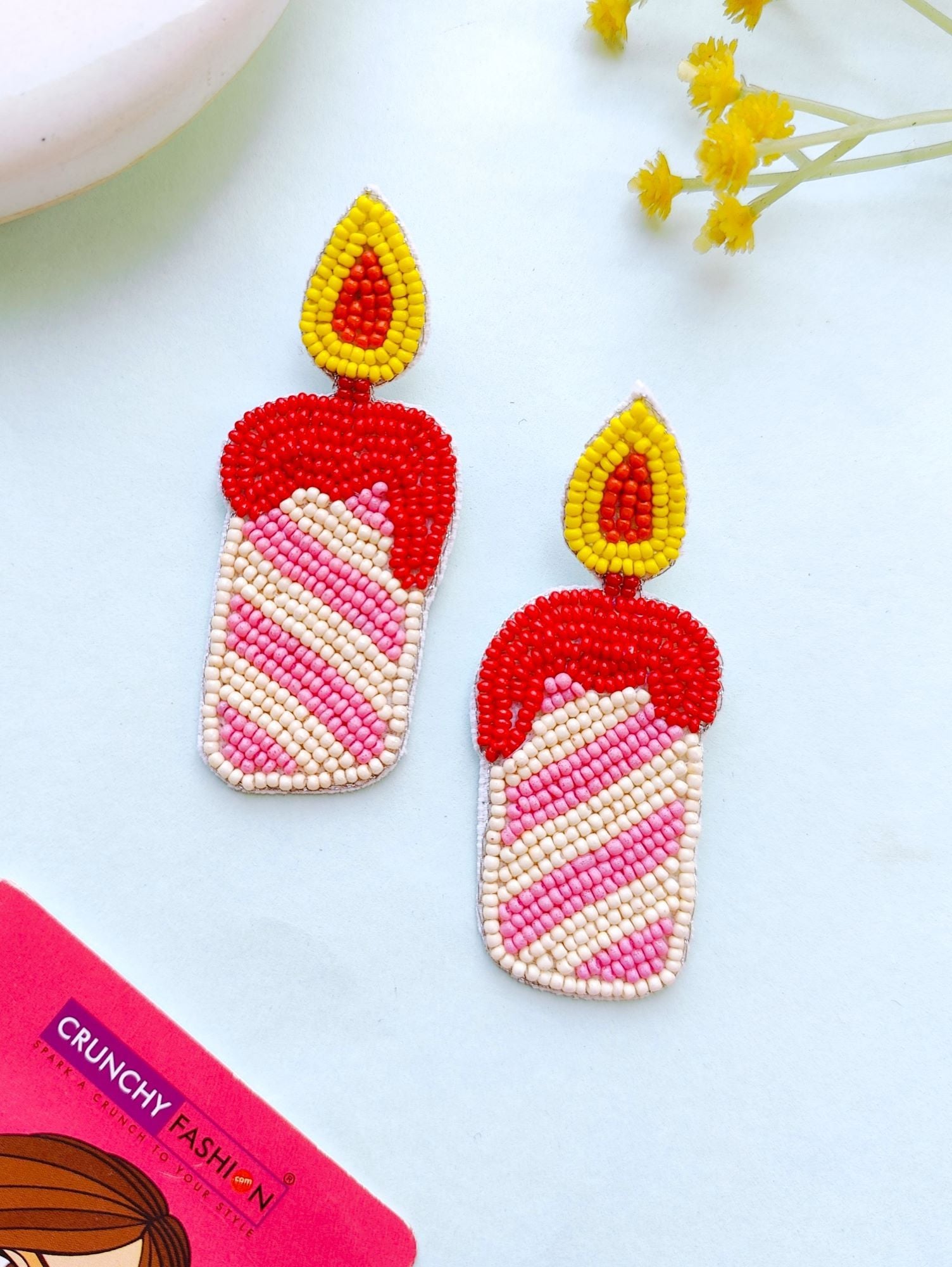 Candle shaped Handmade Multicolored Beaded Dangle Earrings