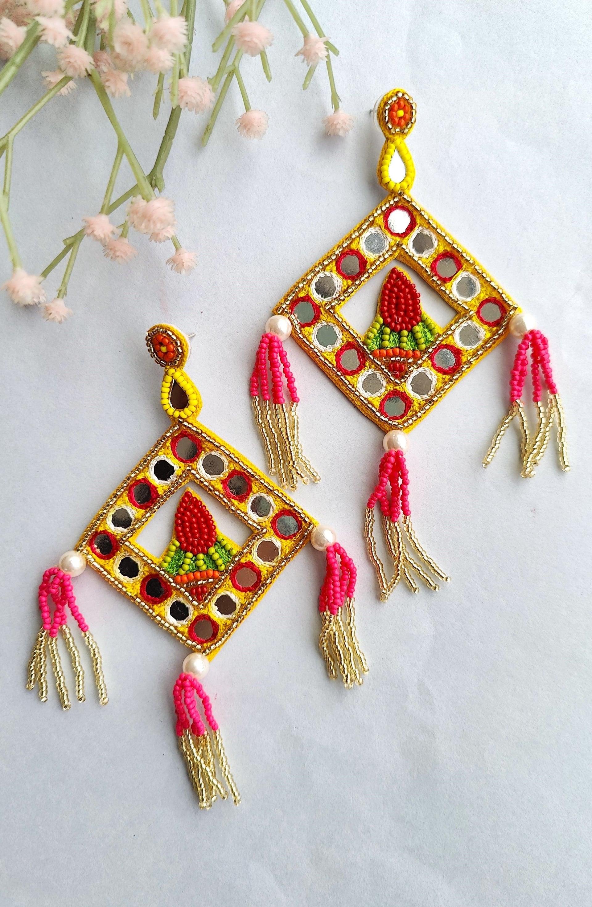 Handmade Beaded Animal Charm Earrings in Pink Yellow for Swinging Summers