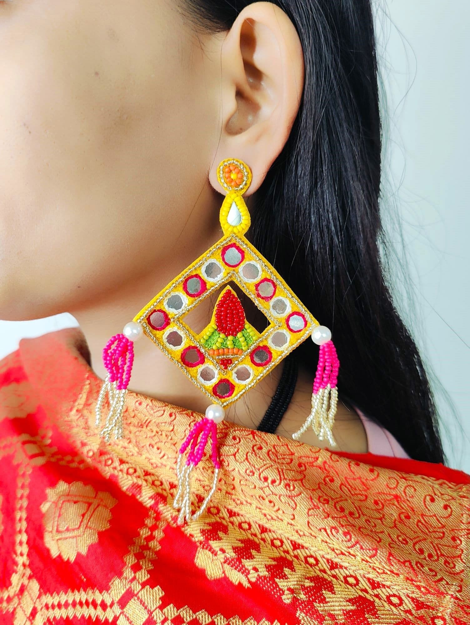 Handmade Beaded Animal Charm Earrings in Pink Yellow for Swinging Summers