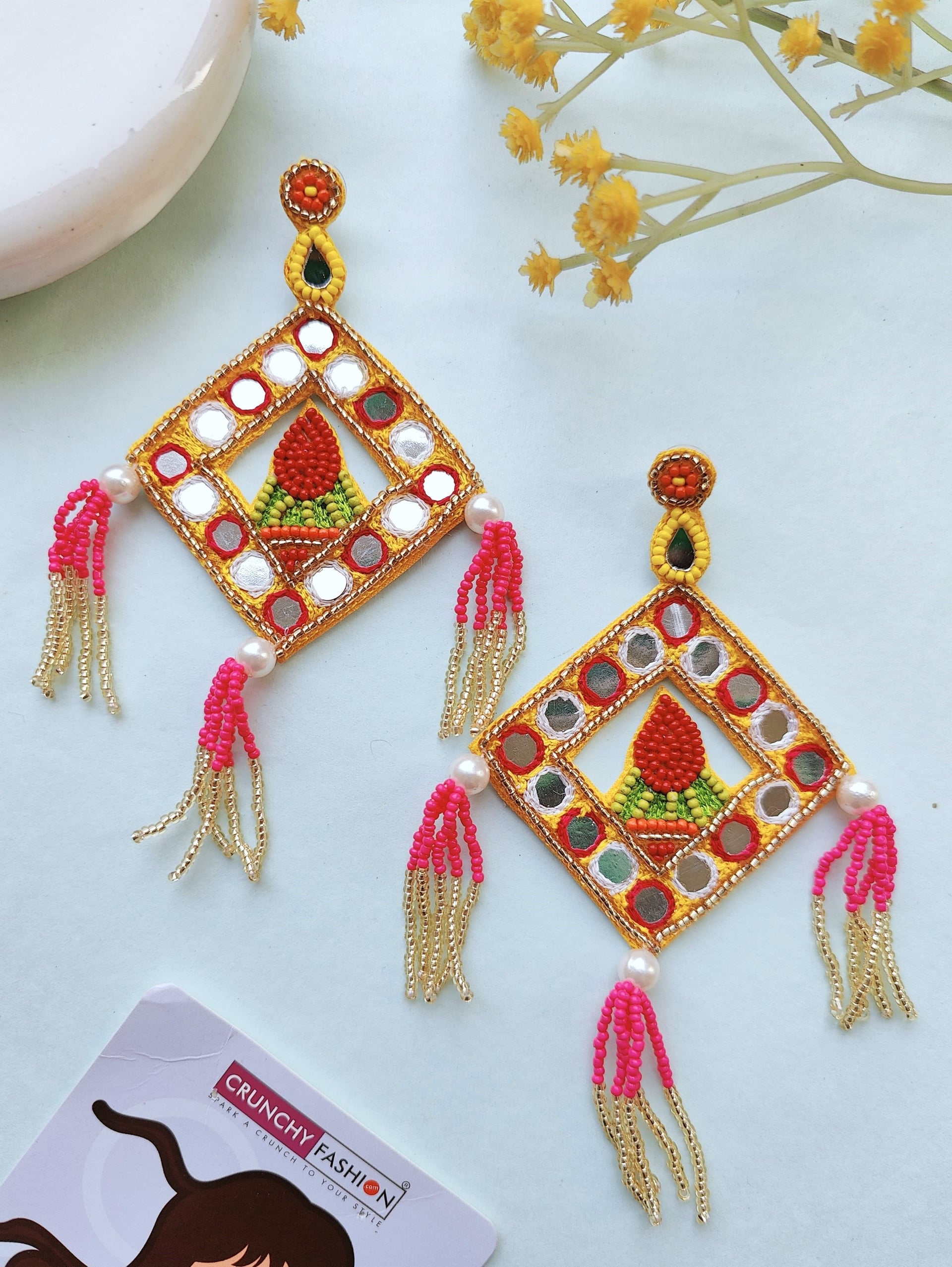 Handmade Beaded Animal Charm Earrings in Pink Yellow for Swinging Summers