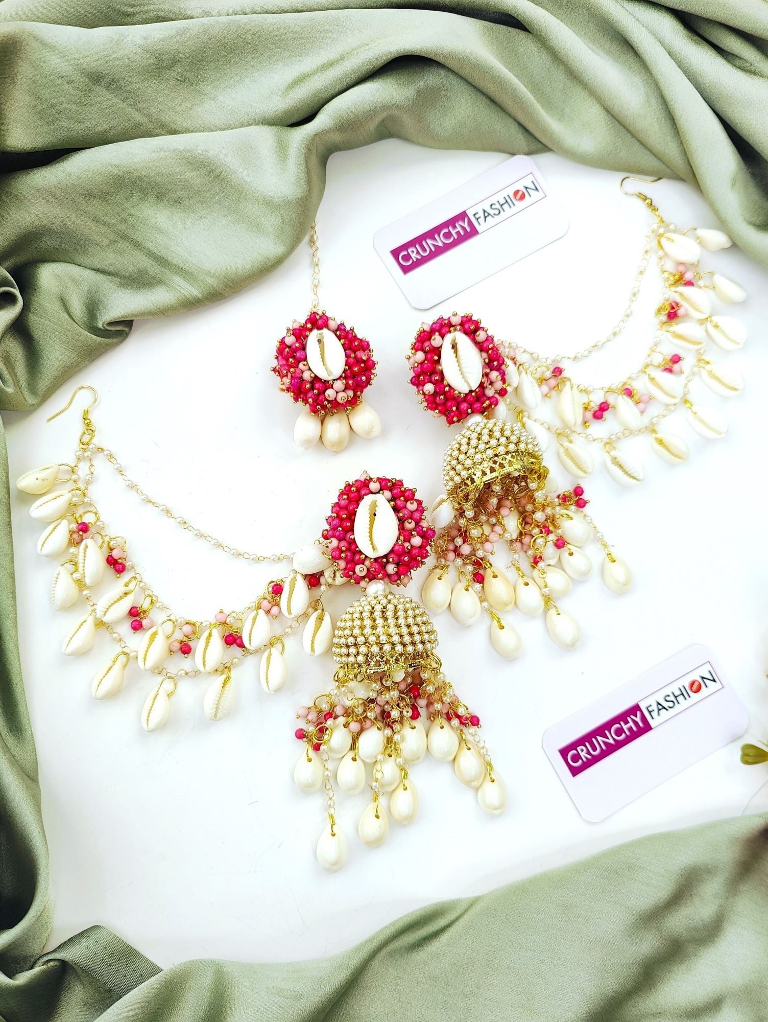 Pink Pearl & Sea Shell Jhumka Earrings, Tikka Ear Chains Set for Haldi