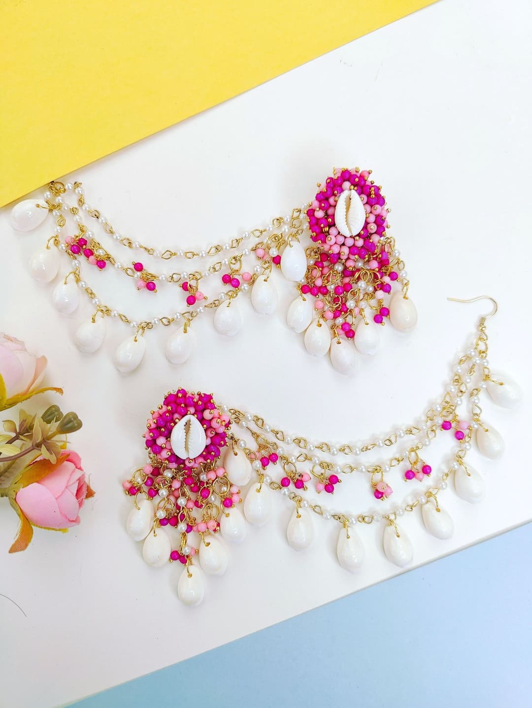 Ocean Whispers Pink Floral Cowrie Shell Jewellery Set for Haldi