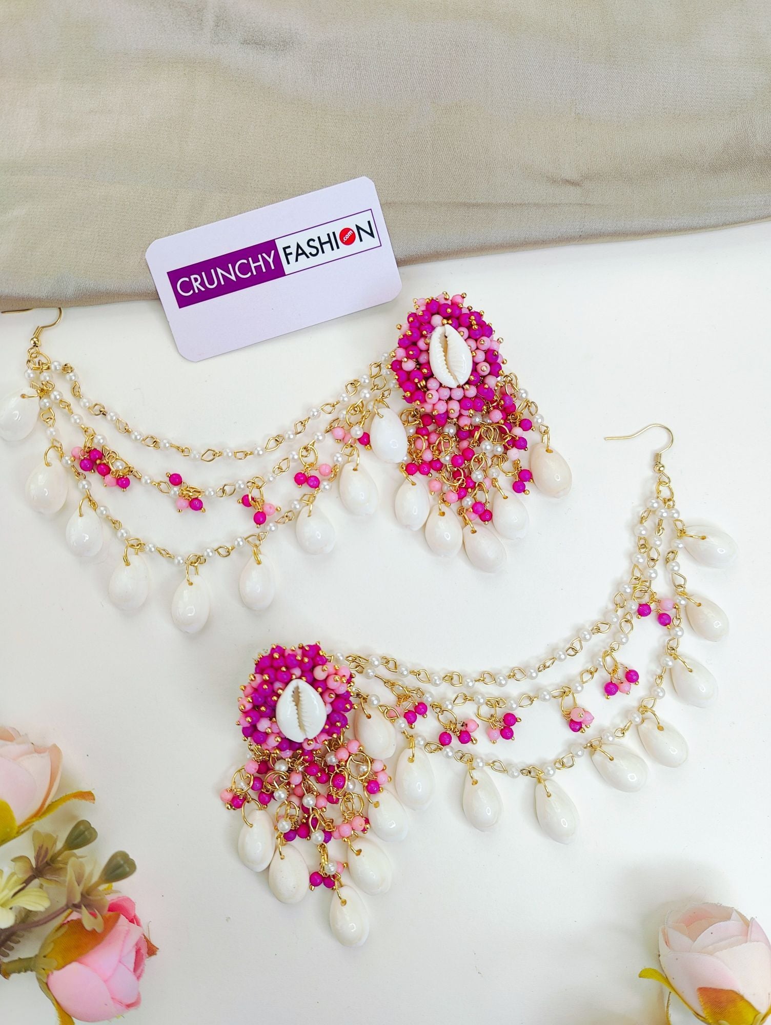 Ocean Whispers Pink Floral Cowrie Shell Jewellery Set for Haldi