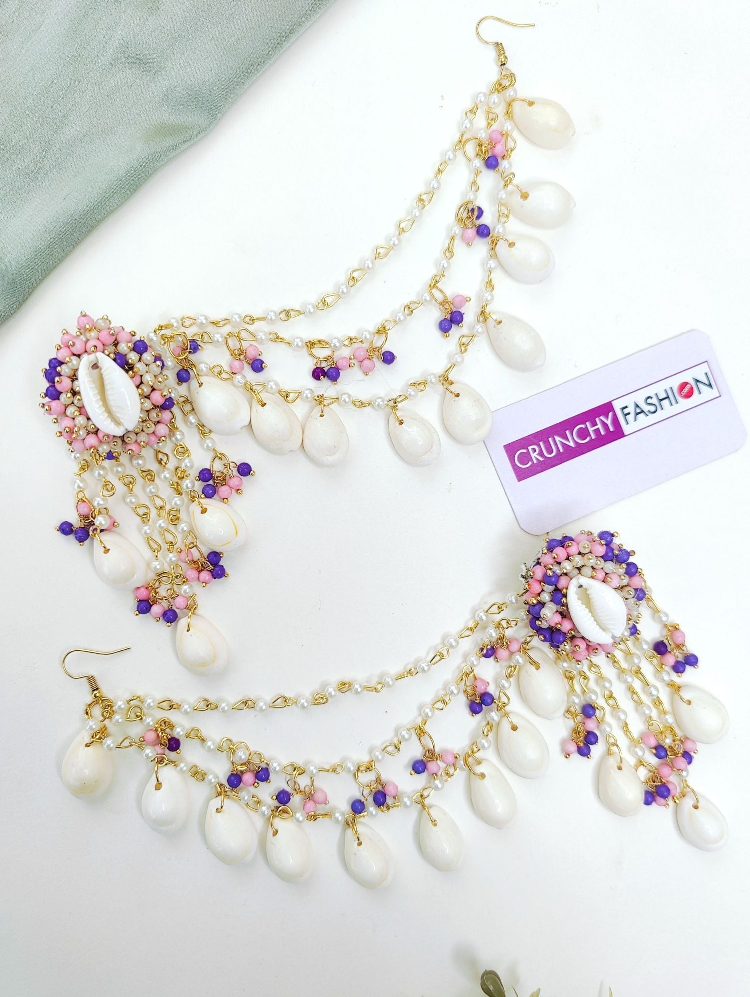 Floral Pink Cowrie Shell Bridal Earrings & Tikka Set for Haldi Event
