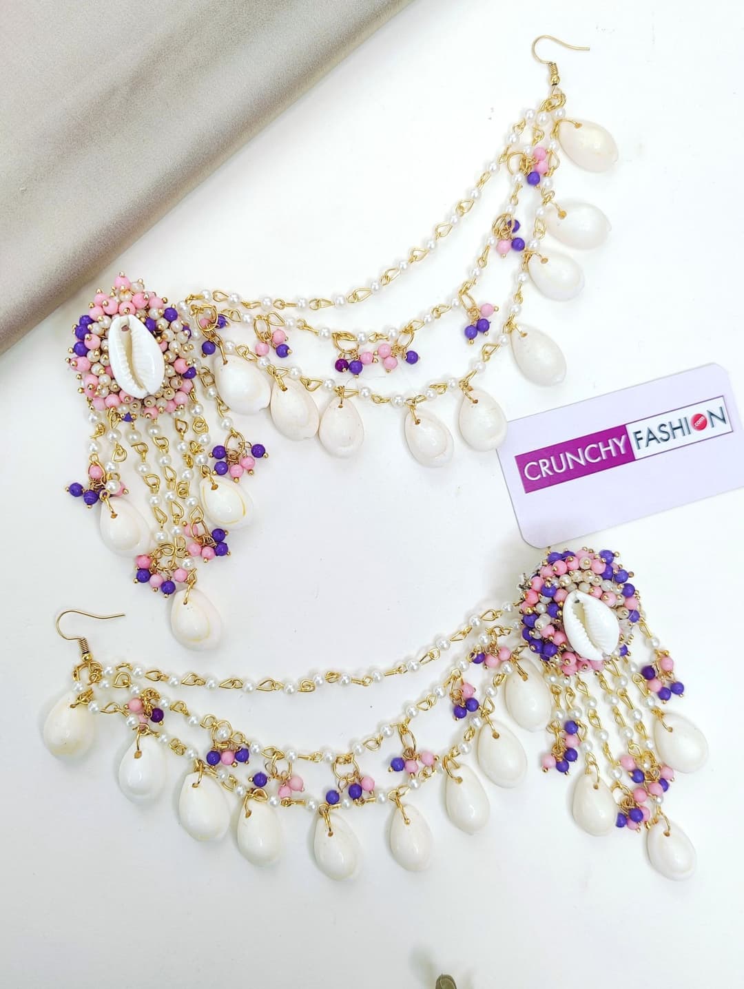 Floral Pink Cowrie Shell Bridal Earrings & Tikka Set for Haldi Event