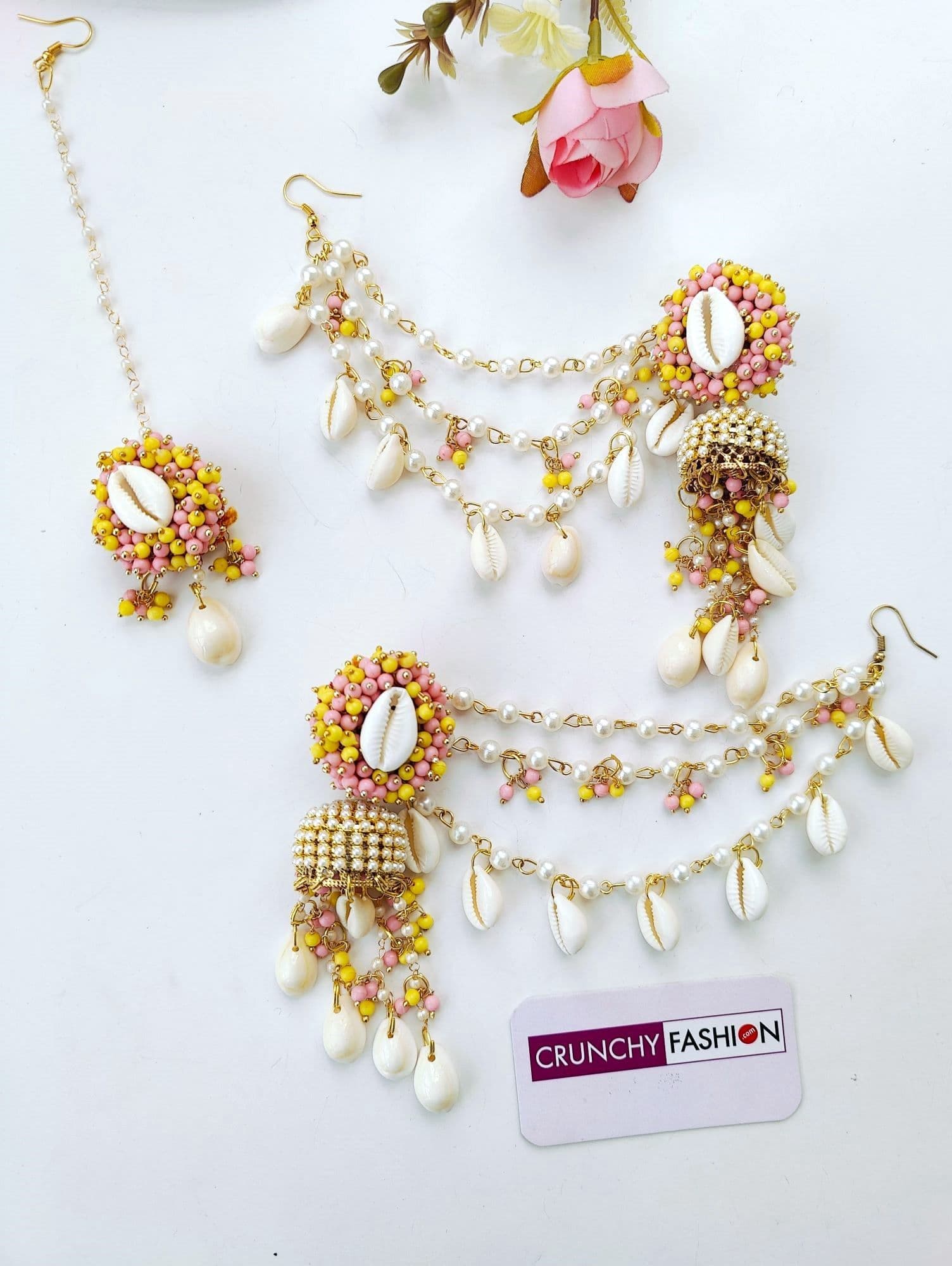Baby Pink-Yellow Pearl Seashell Jhumka Tikka Set