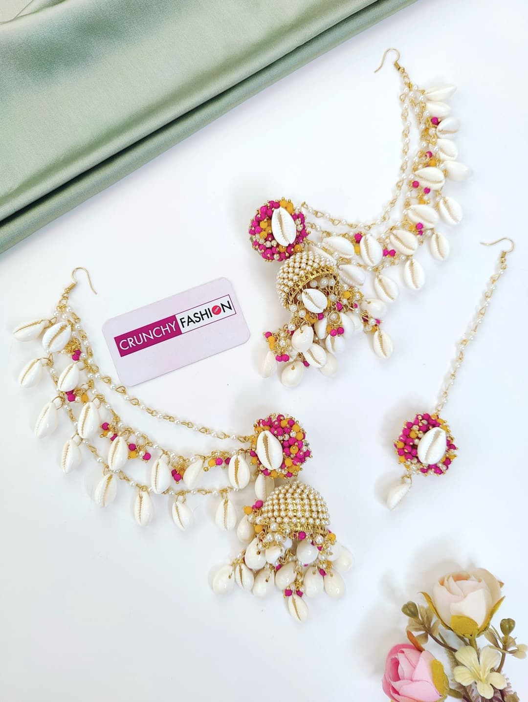 Pink-Yellow Pearl & Sea Shell Earrings with Ear Chains for Haldi