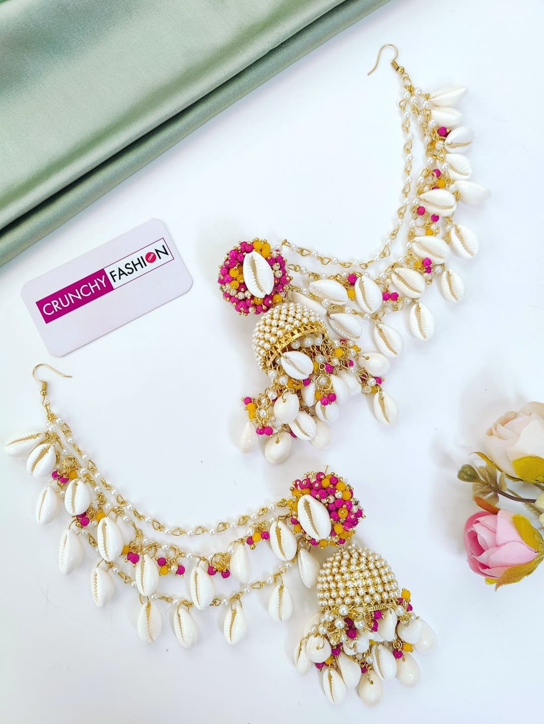 Pink-Yellow Pearl & Sea Shell Earrings with Ear Chains for Haldi